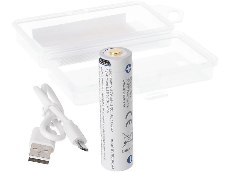 EVERACTIVE LiIon 18650 Akku mit MicroUSBLadebuchse 3,7 Vol Wiederaufladbare Batterie Akku
