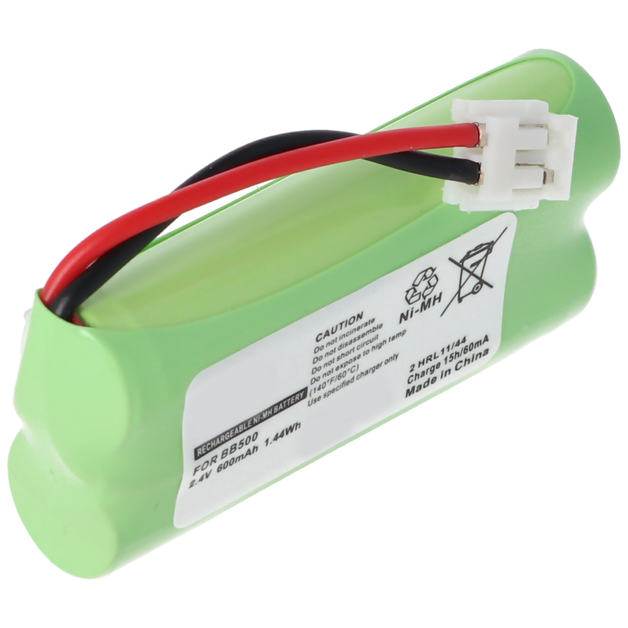 Ein grüner, wiederaufladbarer Ni-MH-Akku mit Etiketten, Drähten und einem weißen Stecker.