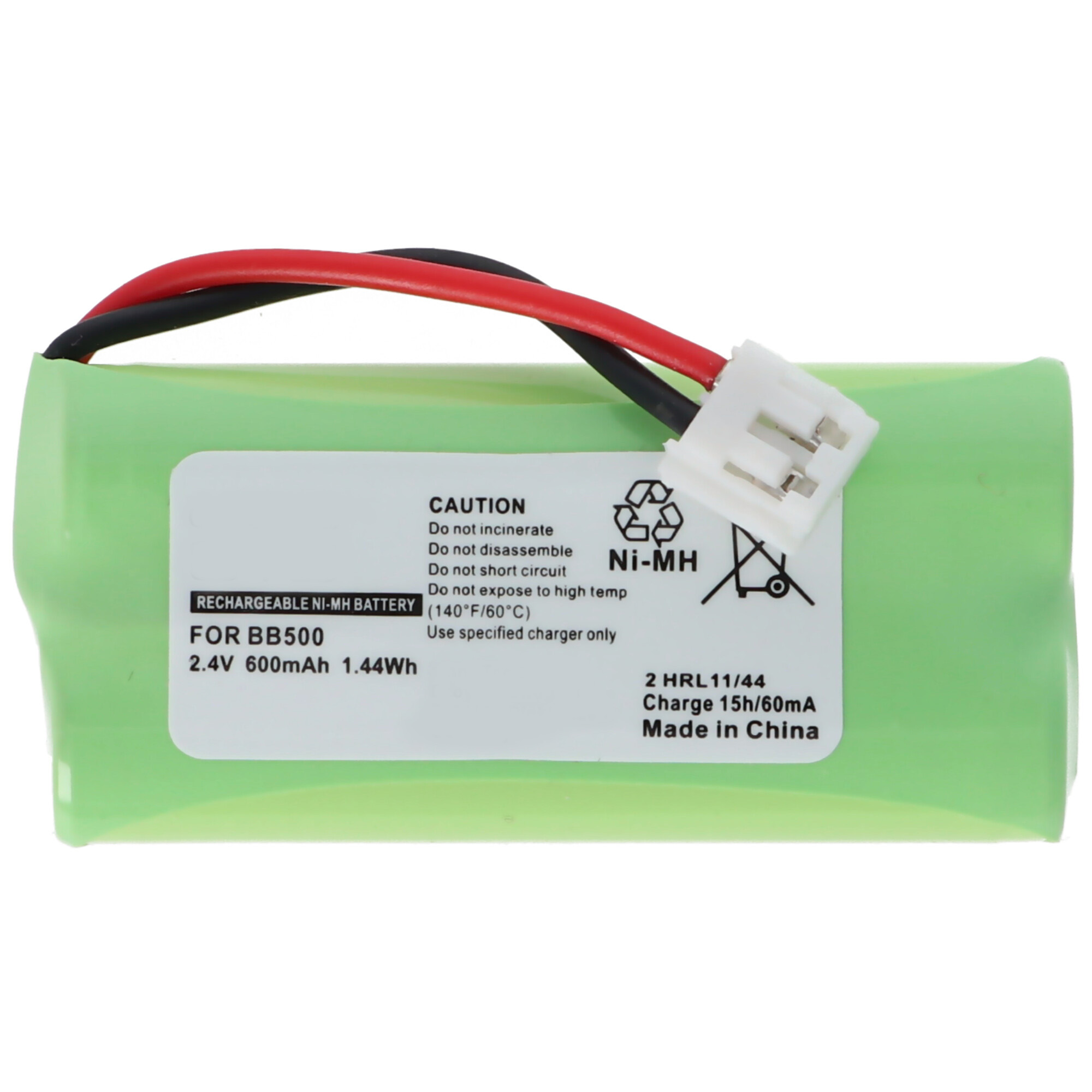 Grüne, wiederaufladbare Ni-MH-Batterie mit schwarzen und roten Drähten und Stecker.