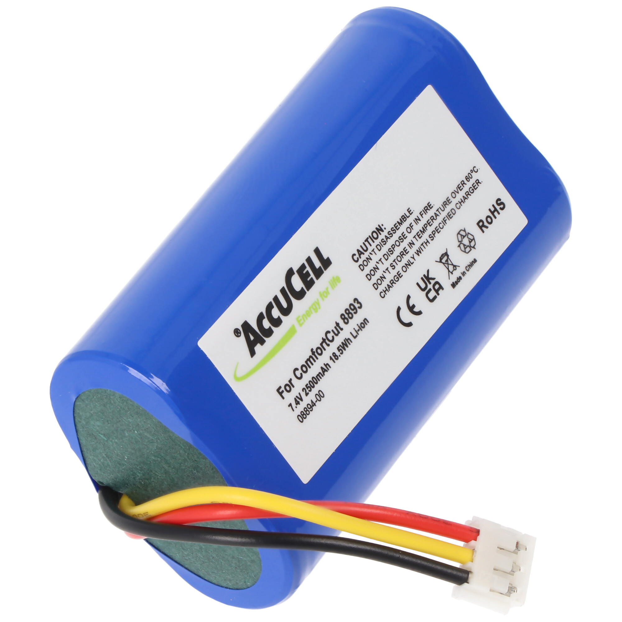 Blaue zylindrische Batterie mit weißem Etikett. Schwarze, gelbe und rote Drähte verlängern sich. Hintergrund: Weiß.