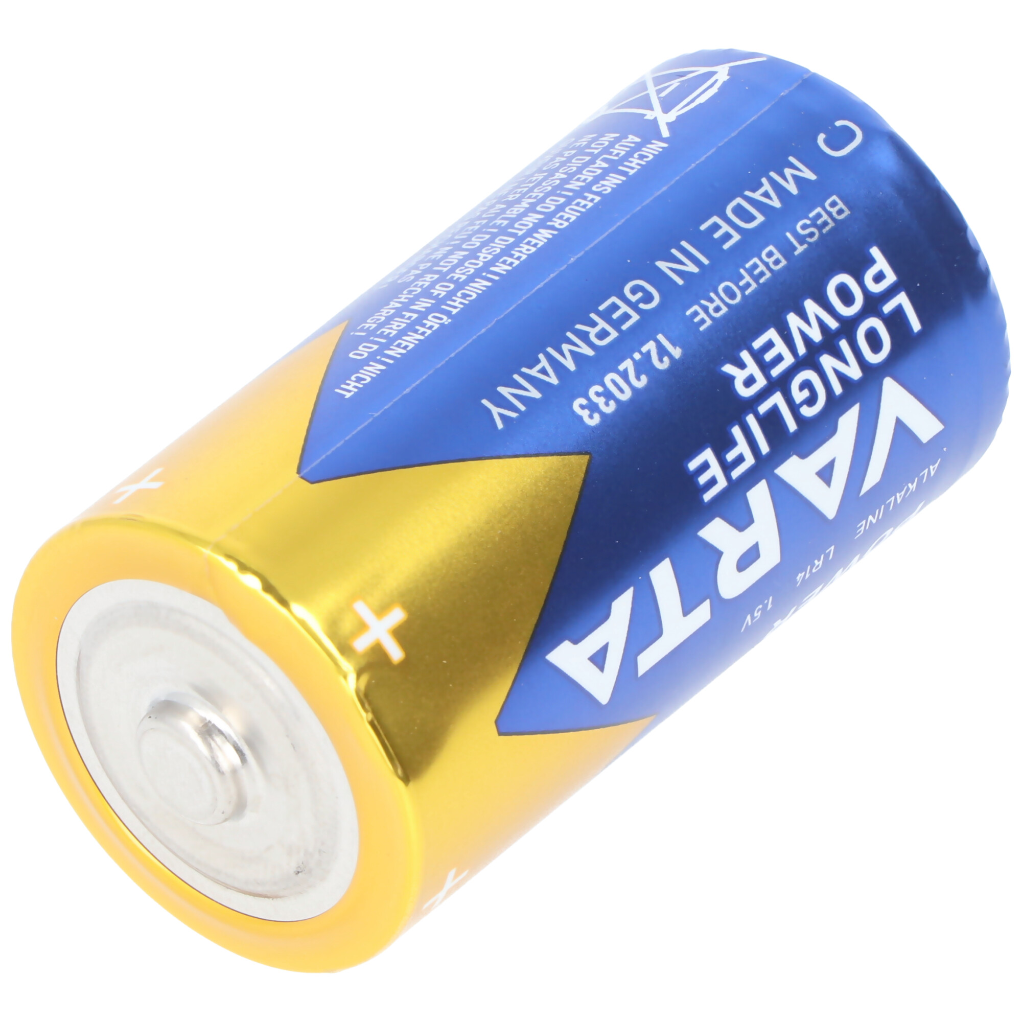 Eine blaue und goldene Varta Power Longlife Batterie, mit Text und Markierungen.
