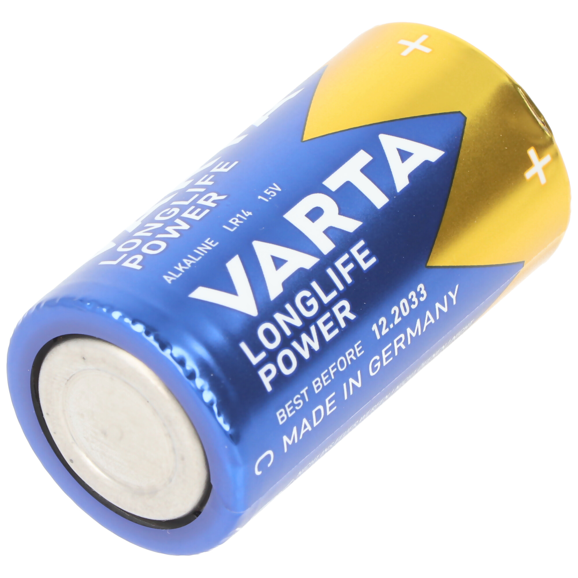 Eine blaue und goldene Varta Longlife Power Batterie, mit Text und Branding sichtbar.