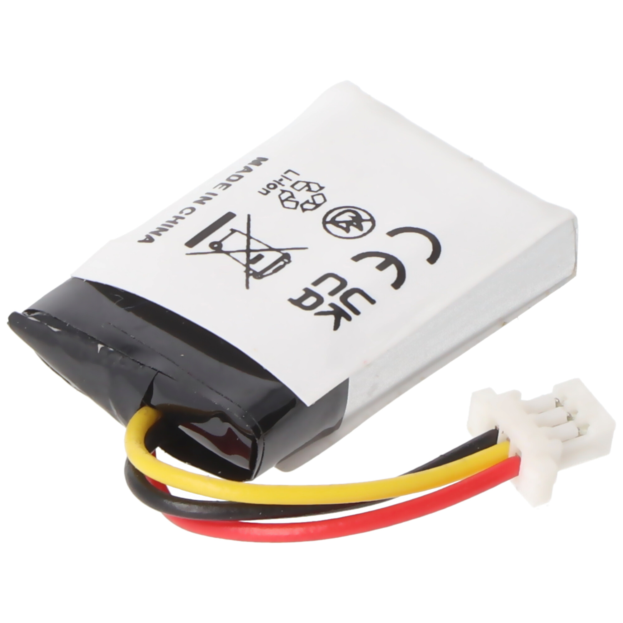 Eine Batterie mit schwarzen, gelben und roten Drähten und einem weißen Stecker, mit Text.
