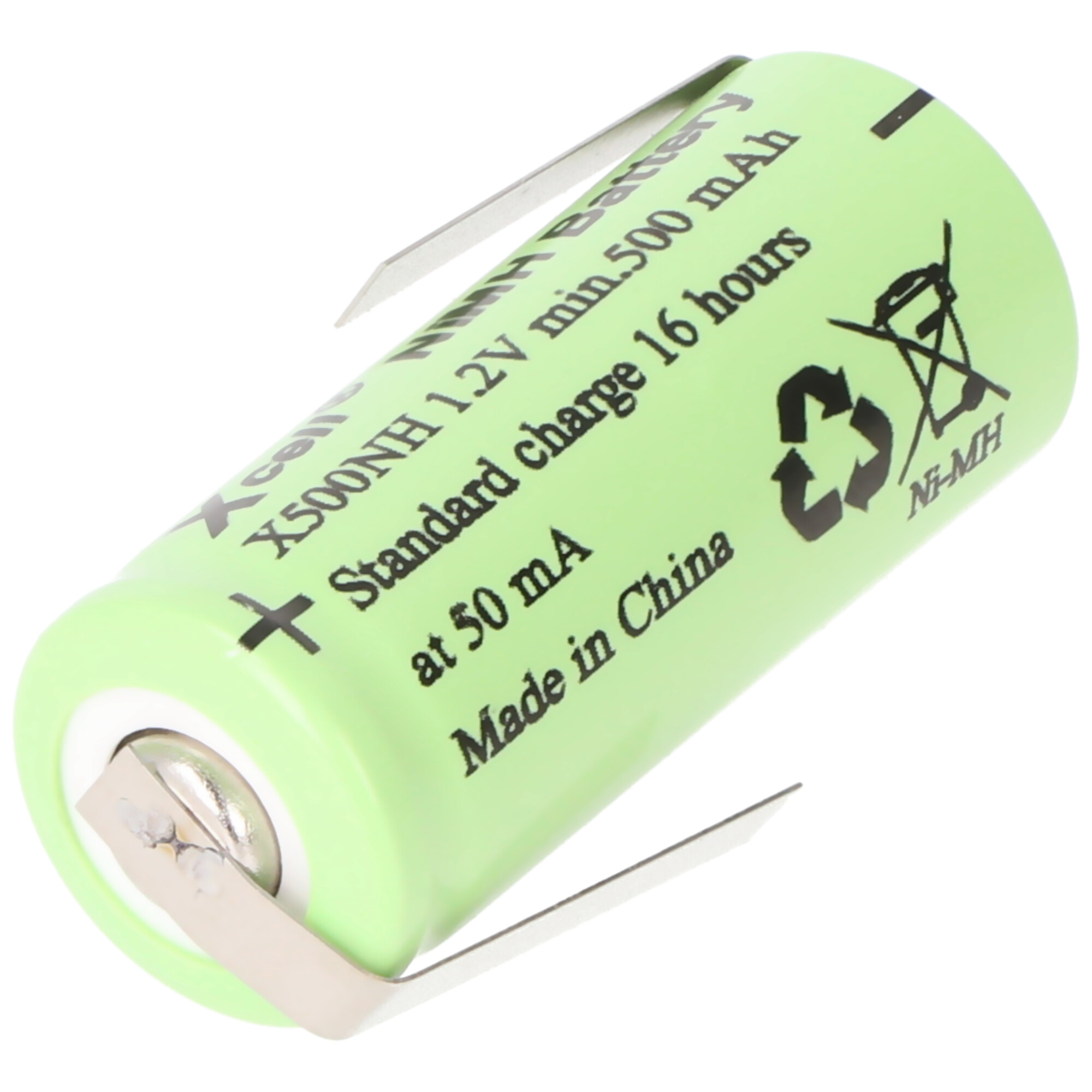 Eine grüne AA Ni-MH Batterie mit Text und Metallkontakten.