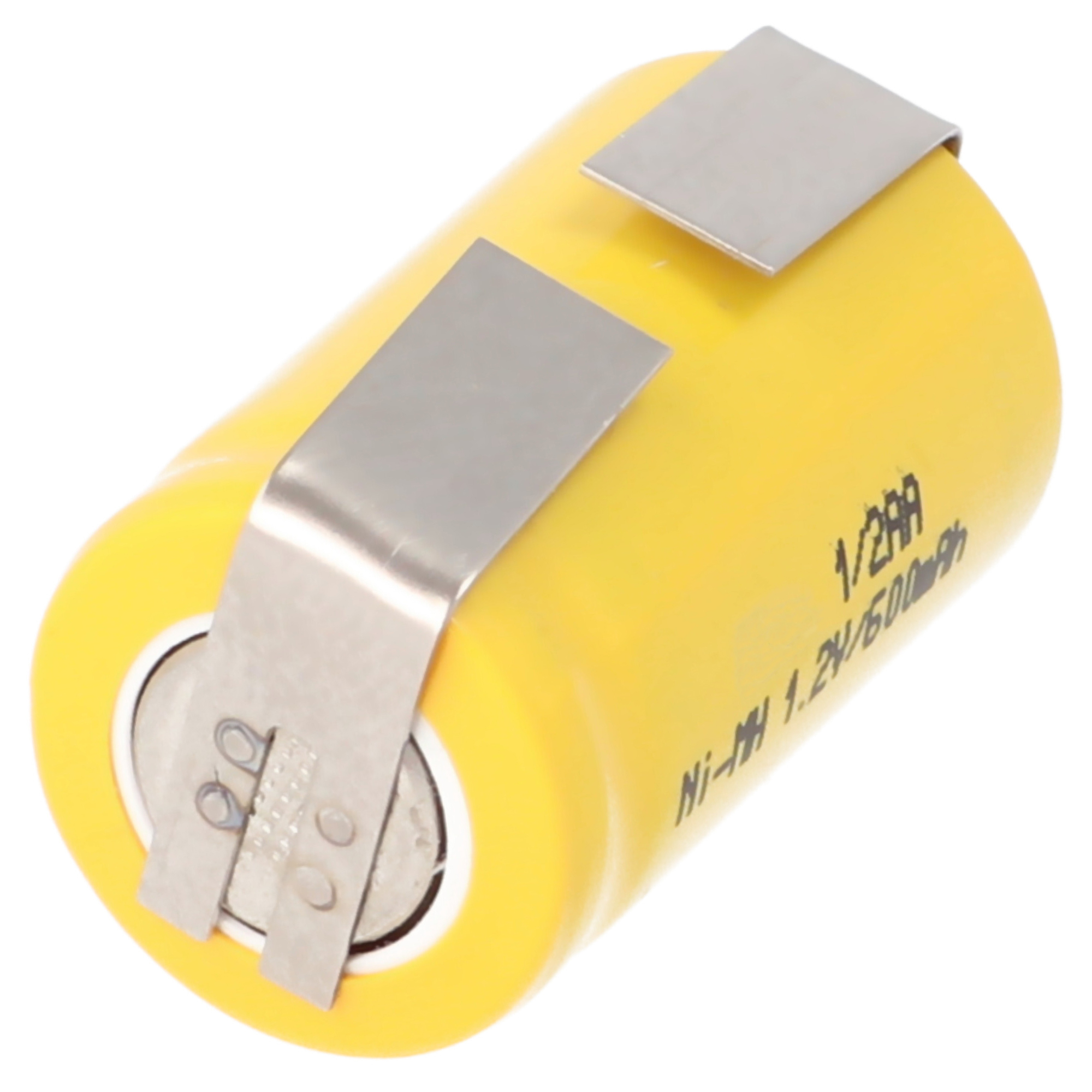 Gelbe Batterie mit Metalllaschen, Text: 1/2AA Ni-MH 1,2V/600mAh.