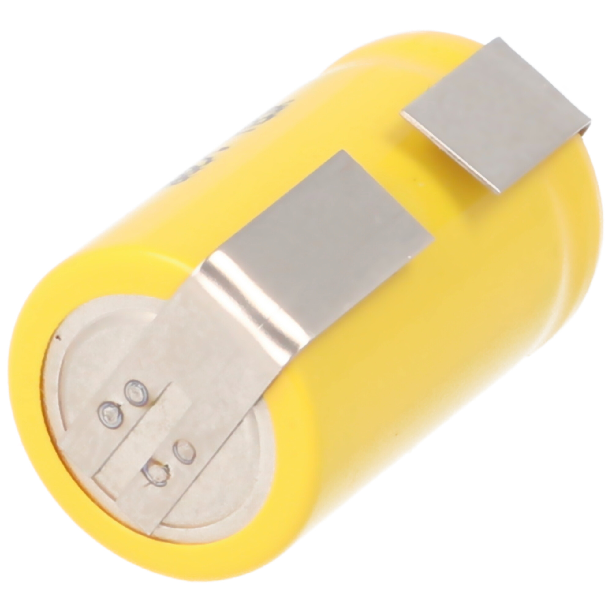 Eine gelbe Batterie mit Metallklammern darauf.