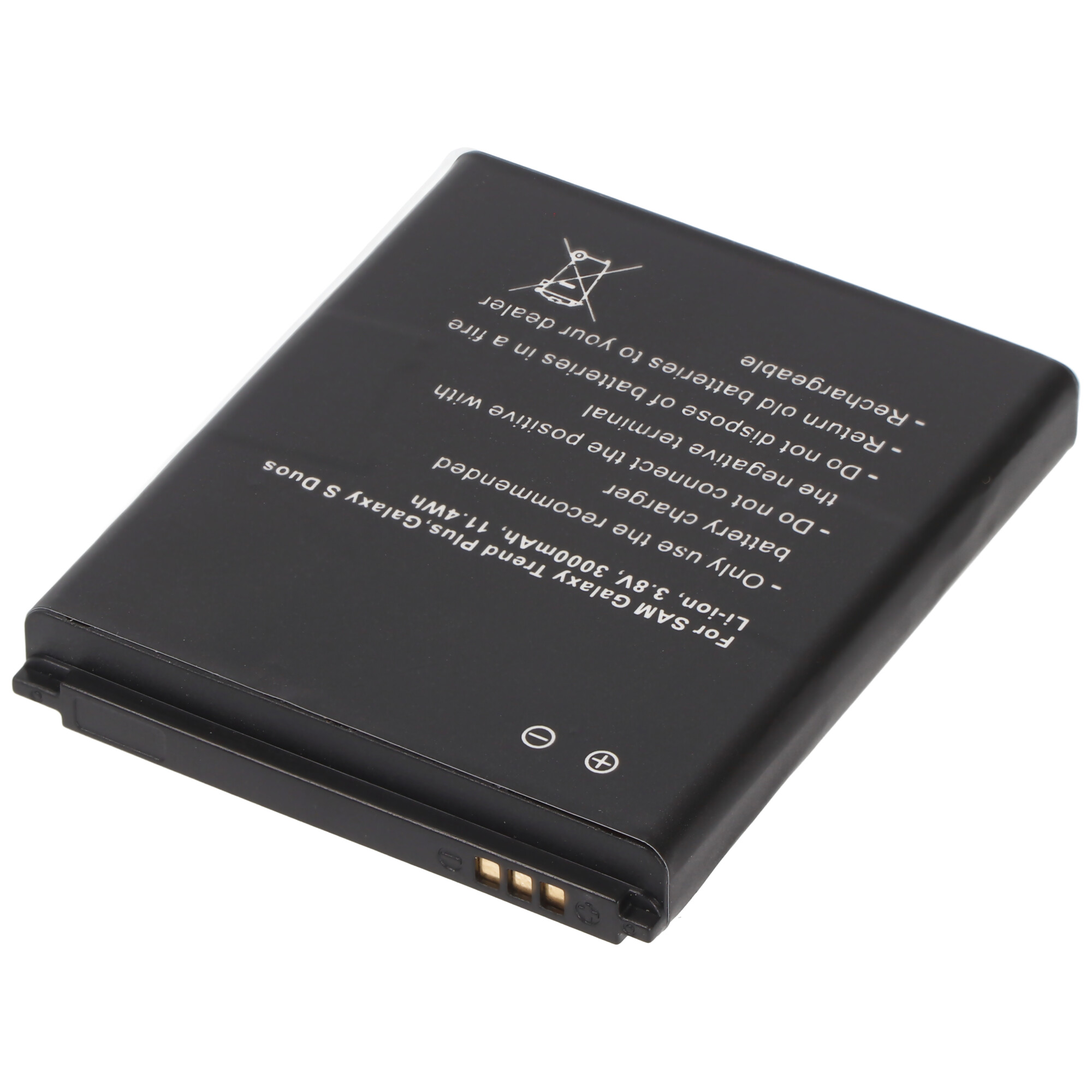 Een zwarte batterij met tekst en een plus- en minteken. Het vermeldt de specificaties van de batterij.