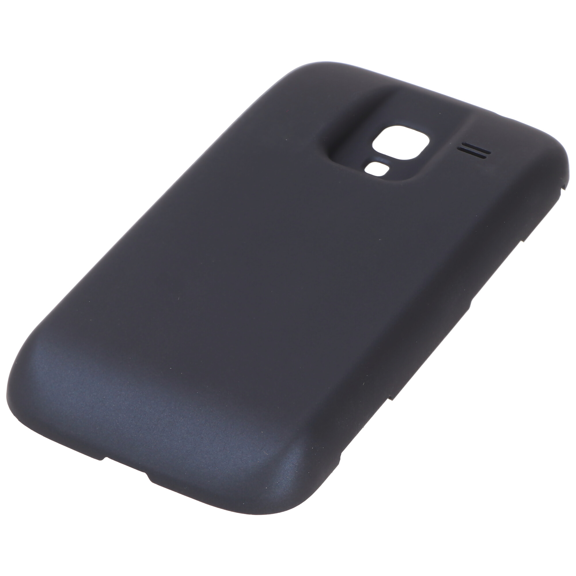 Zwarte telefoonhoes, met camera- en luidsprekergaten. Het is een effen kleur en op een witte achtergrond.