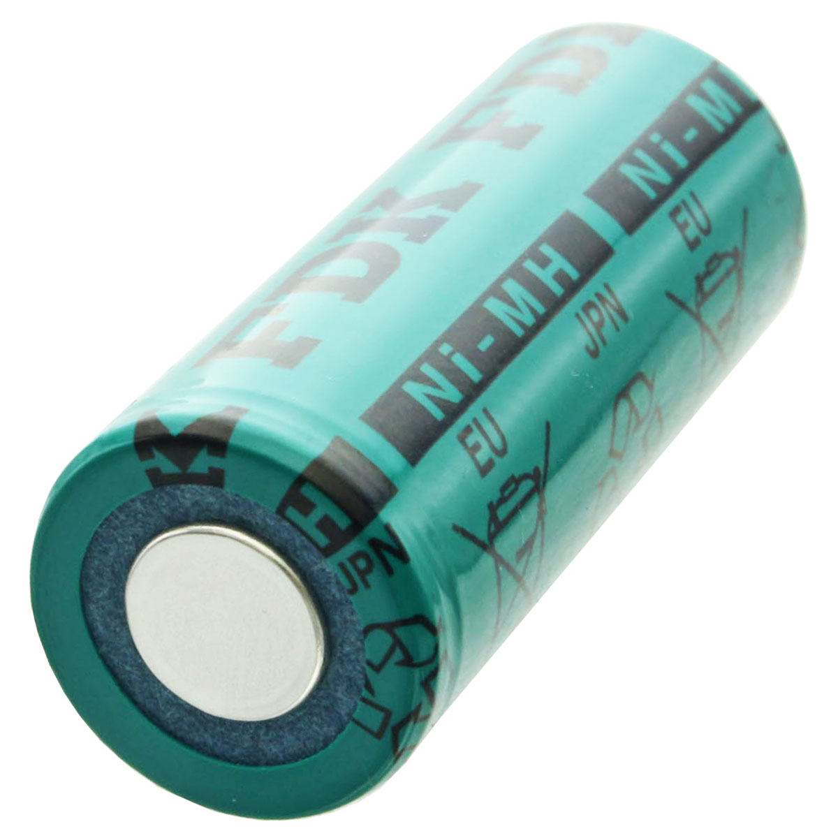 Türkisfarbene zylindrische Batterie mit schwarzem Text, Ni-MH-Kennzeichnung und Metallende. Weißer Hintergrund.