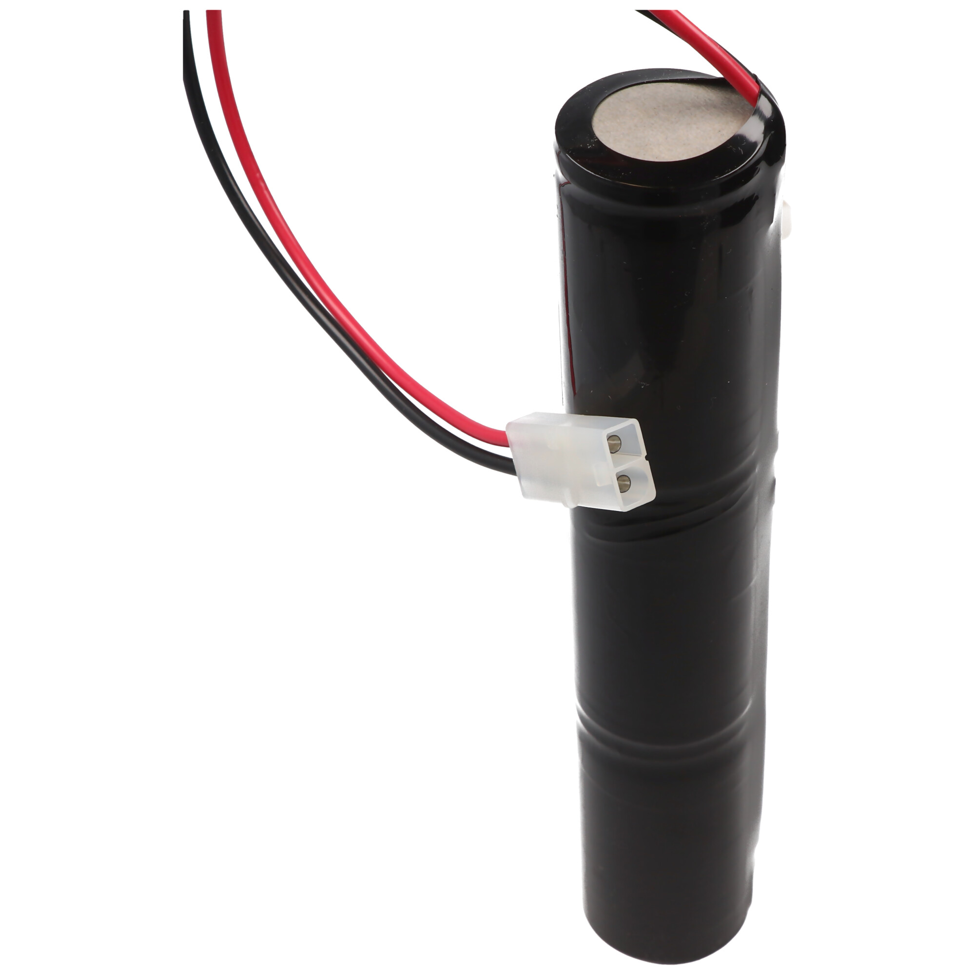 Ein schwarzer Batteriezylinder mit roten und schwarzen Drähten und einem weißen Stecker.