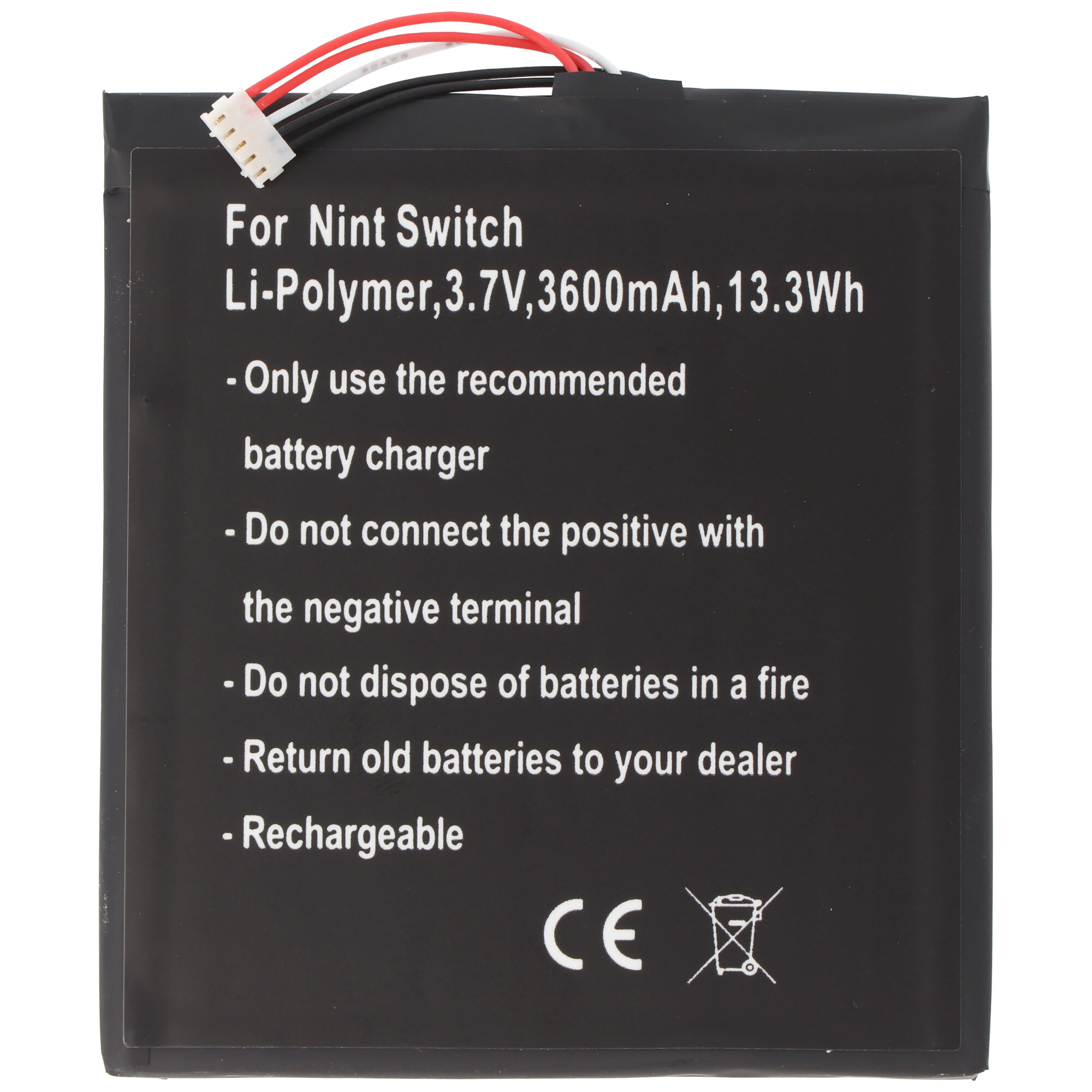 Eine schwarze Batterie mit Text und Drähten auf weißem Hintergrund.