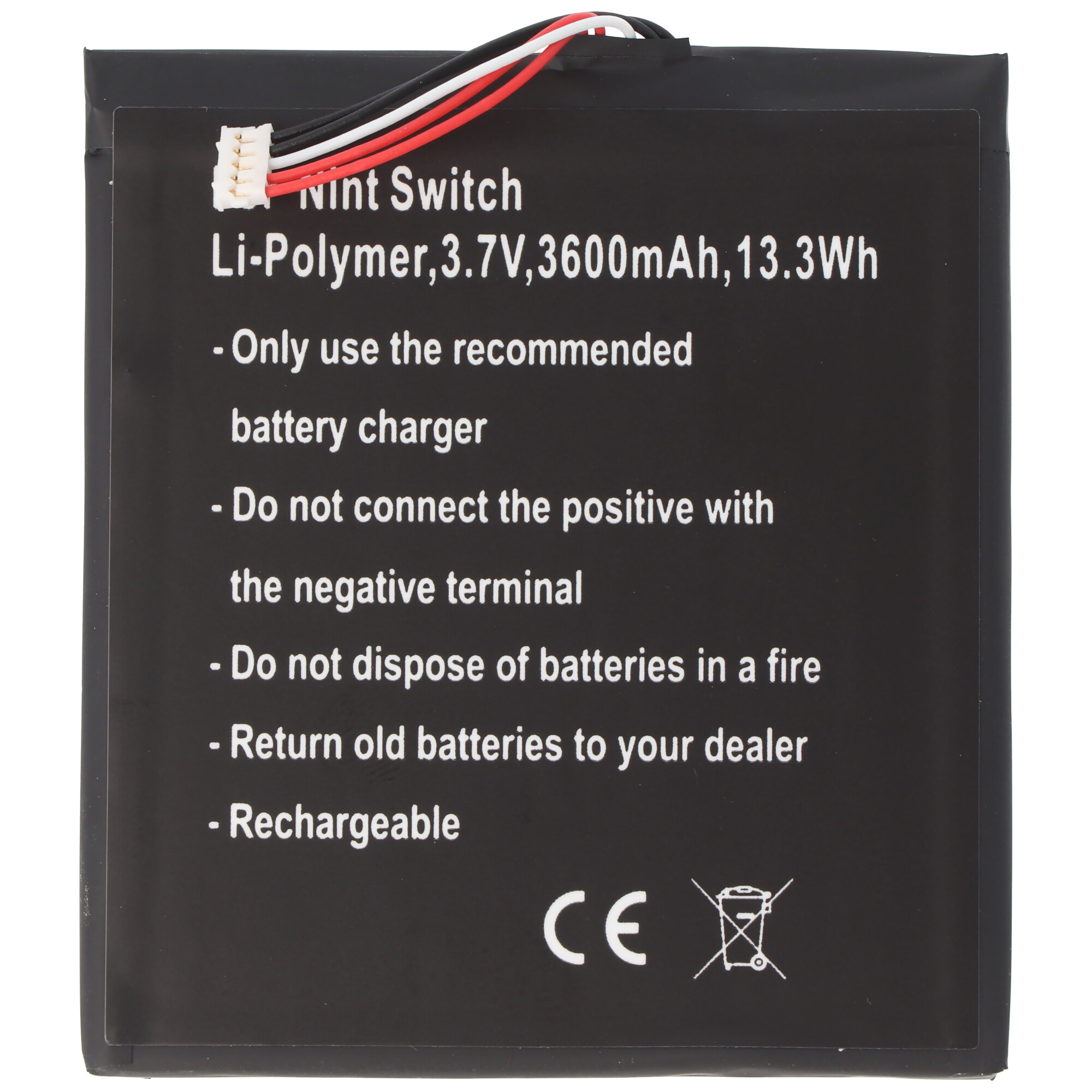 Schwarze Batterie mit Text, einschließlich Warnungen und Spezifikationen. Weiße, rote und schwarze Drähte oben.