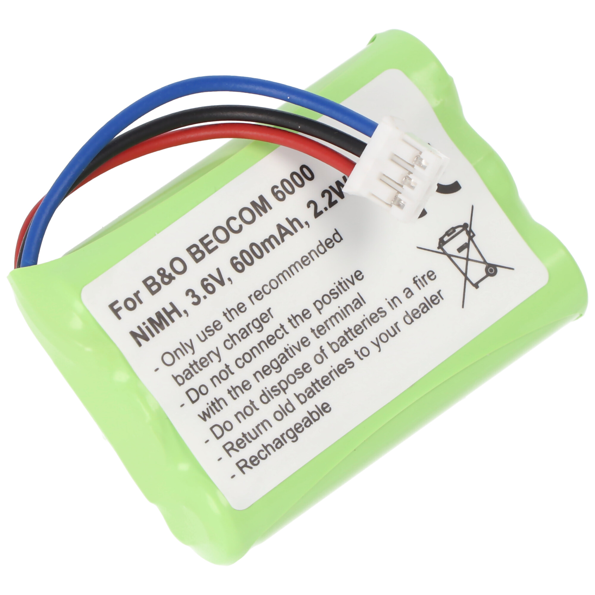 Ein grüner rechteckiger Akku mit Drähten und einem Stecker, beschriftet mit 'B&O BECOM 6000'.