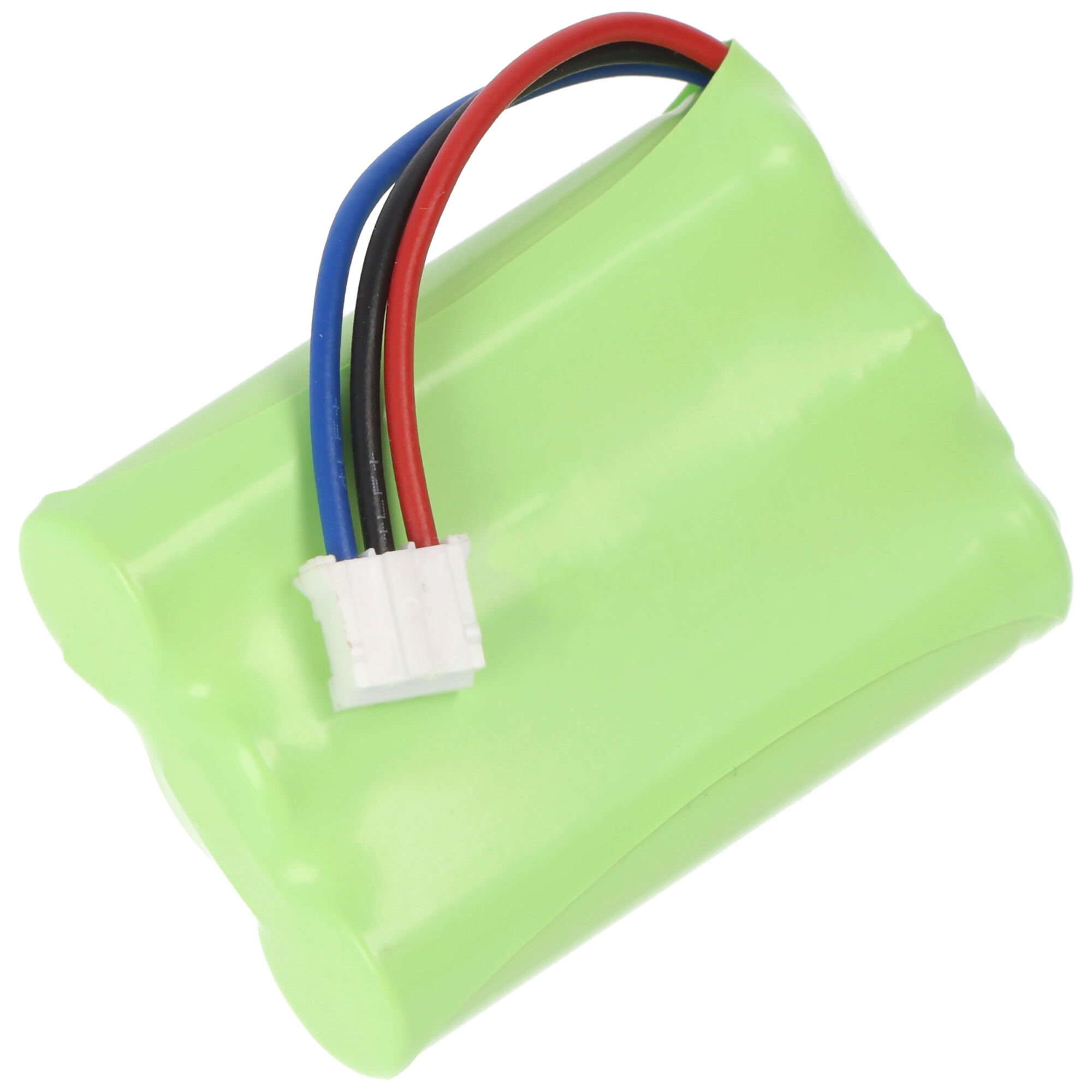 Ein grüner Akkusatz mit Kabeln und einem weißen Stecker auf Weiß.