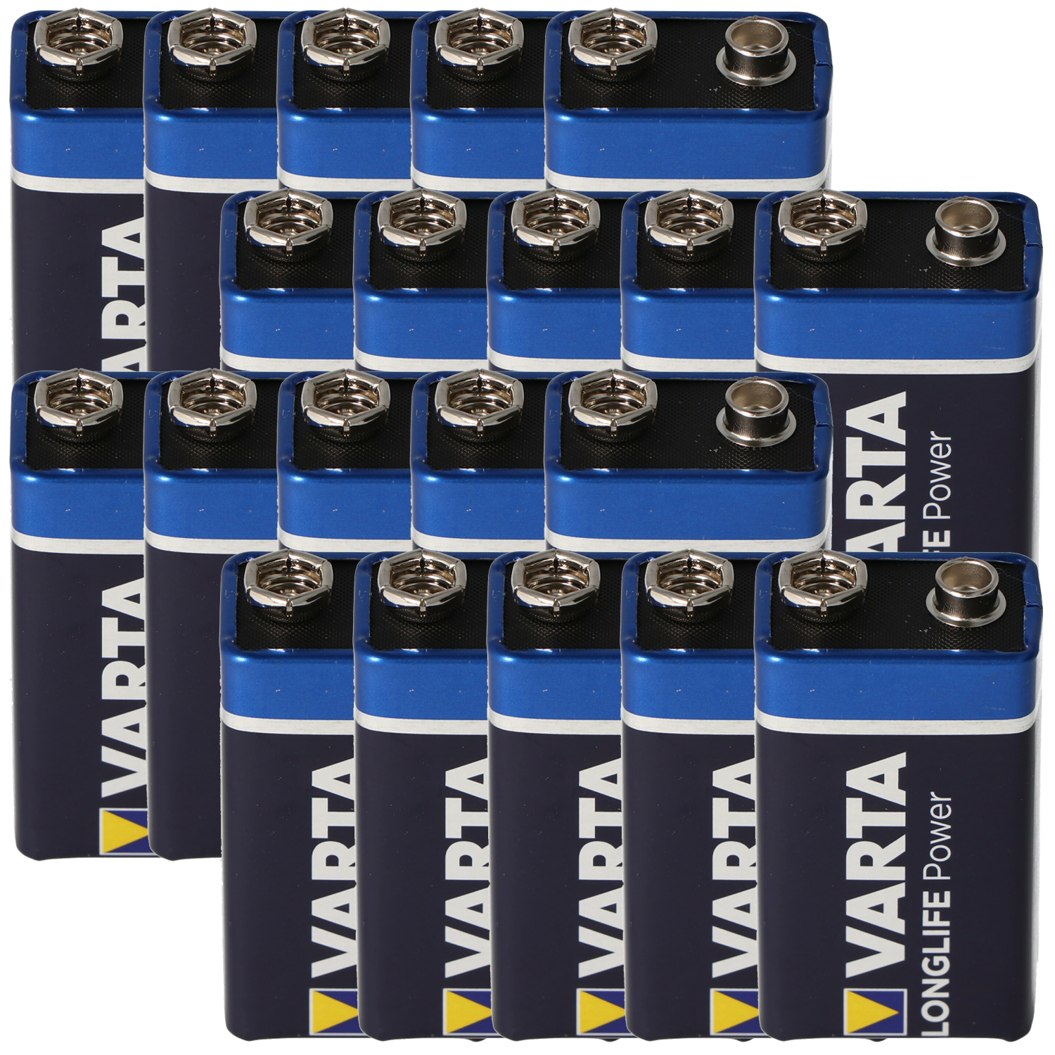 Eine Gruppe von Varta Longlife Power Batterien. Sie sind blau und schwarz, mit weißem Text.