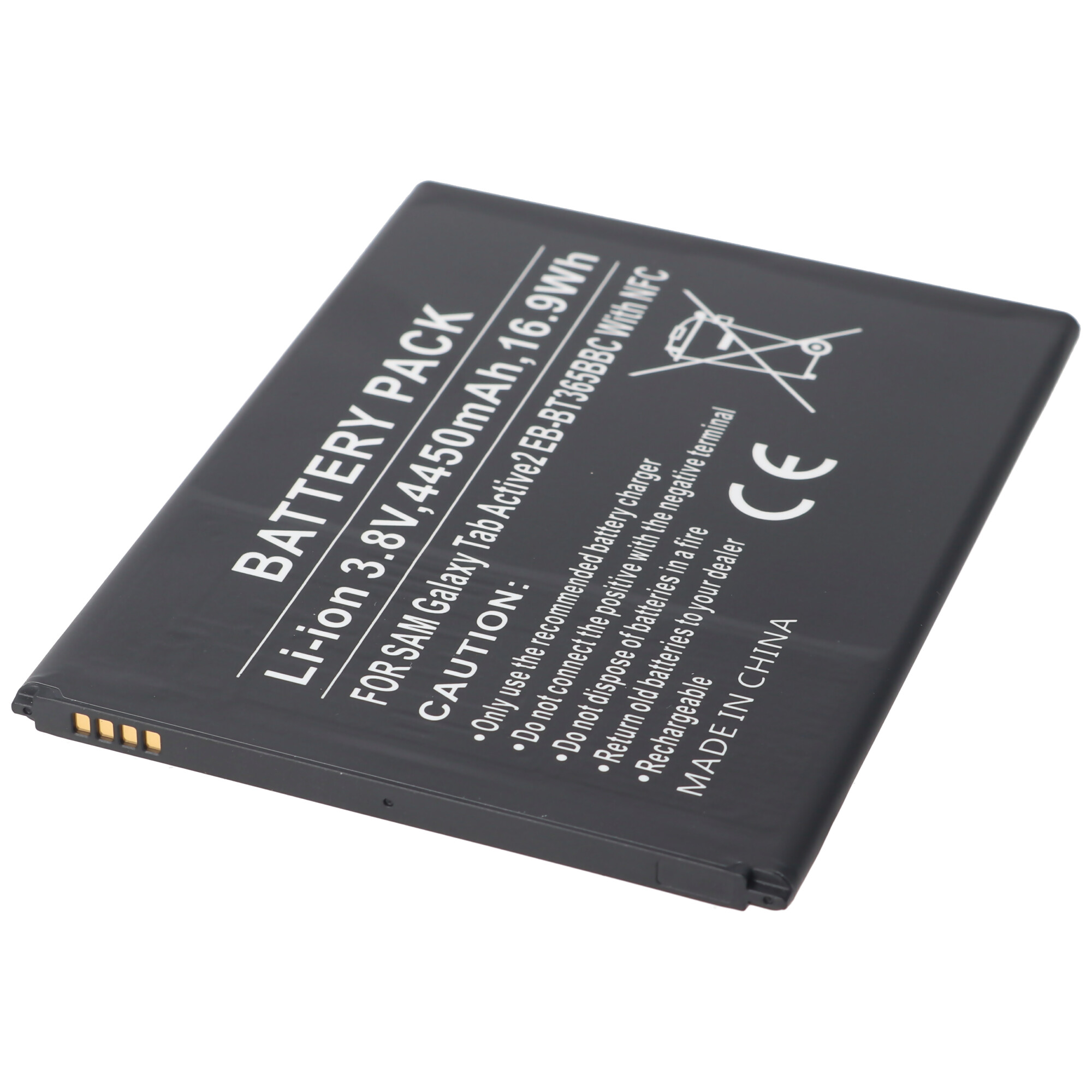 Pacco batteria nero con testo bianco. Recita: Pacco batteria, Li-ion 3.8V, 4450mAh, 16.9Wh. Sfondo bianco.