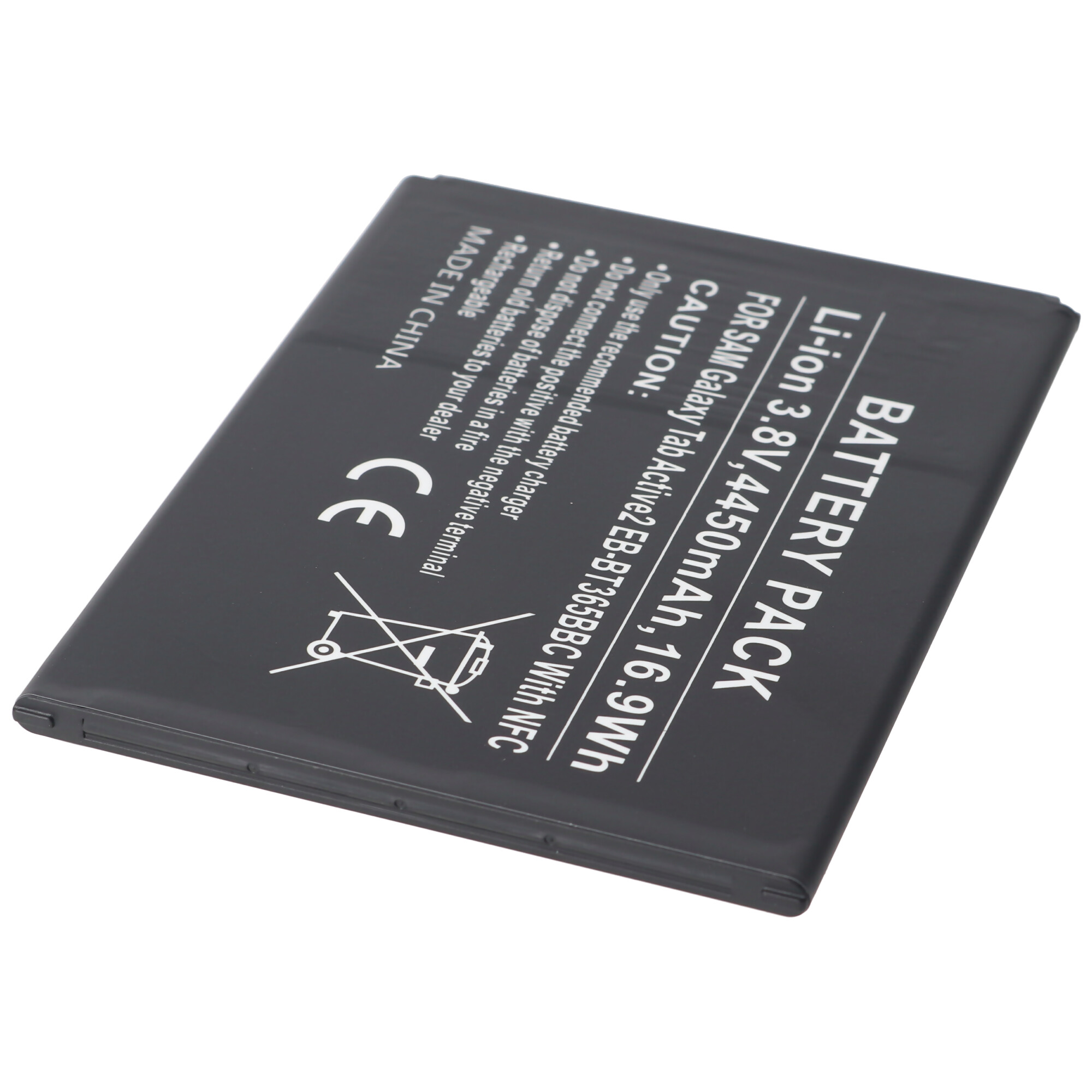 Un pacco batteria nero con testo e avvertenze, isolato su sfondo bianco.