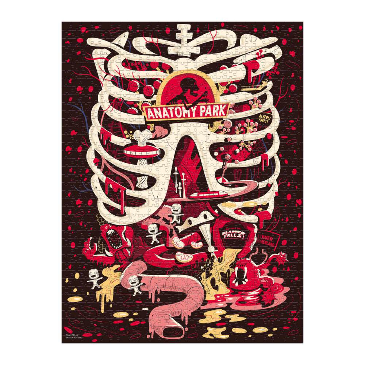 Anatomie-Park-Puzzle. Brustkorb mit inneren Organen und Figuren. Rote und weiße Farben dominieren das Bild.