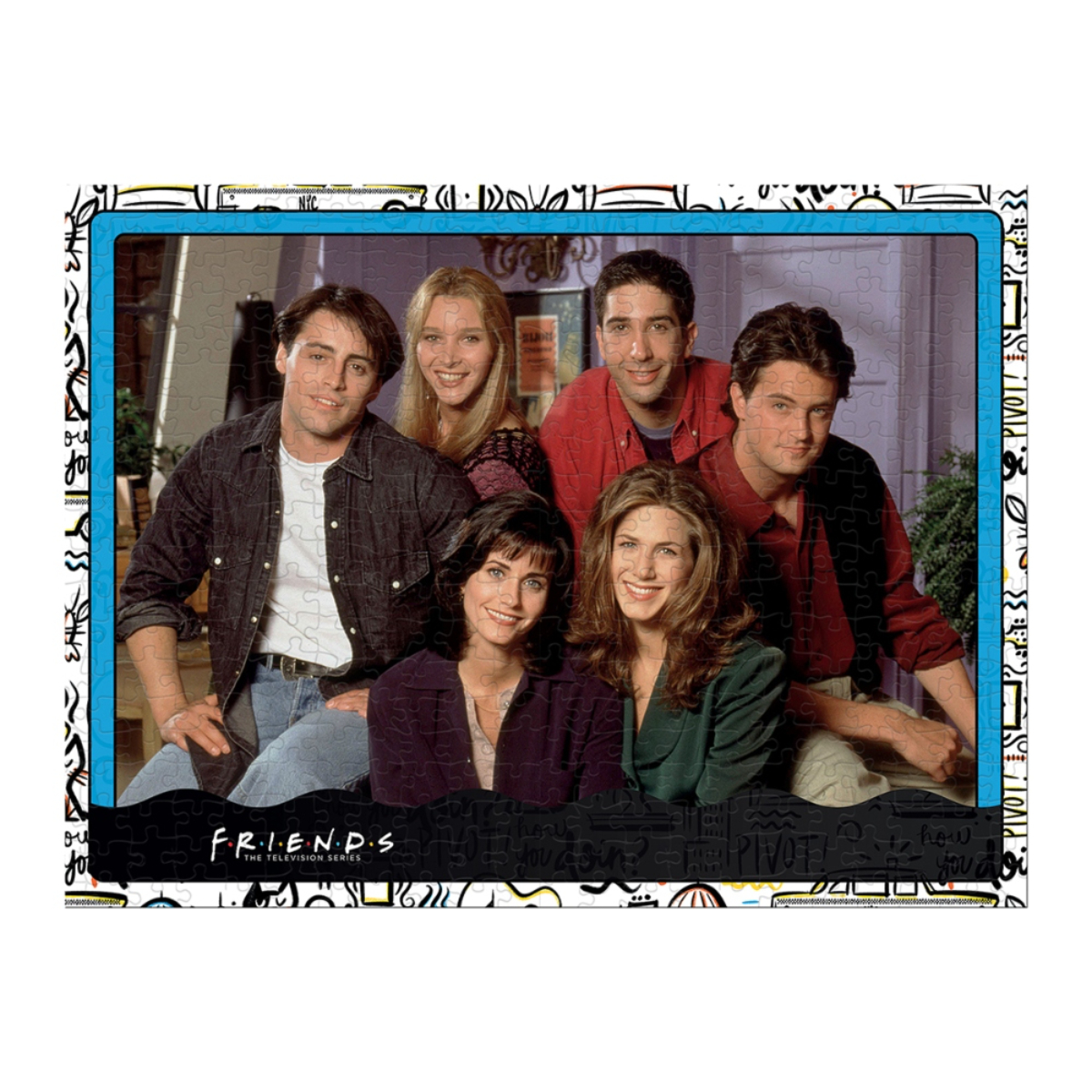 Friends-Puzzle. Das Bild zeigt die Besetzung der Fernsehsendung. Sie sitzen in einer Gruppe.