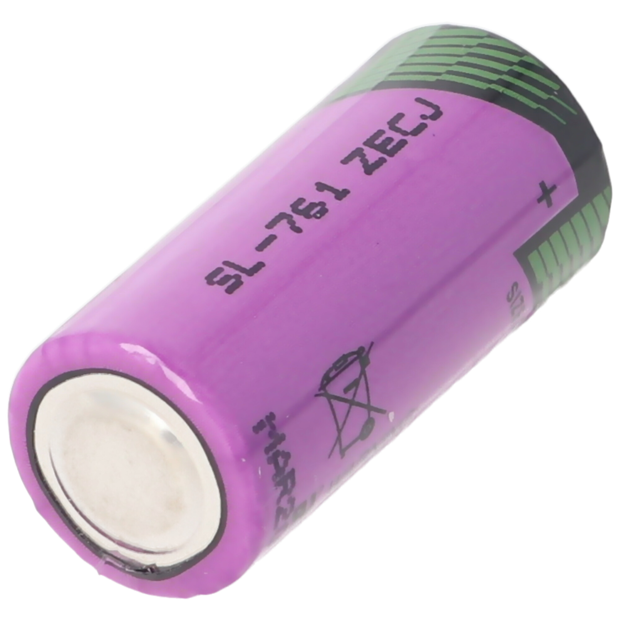 Eine lilafarbene zylindrische Batterie mit Text und Markierungen auf der Oberfläche.