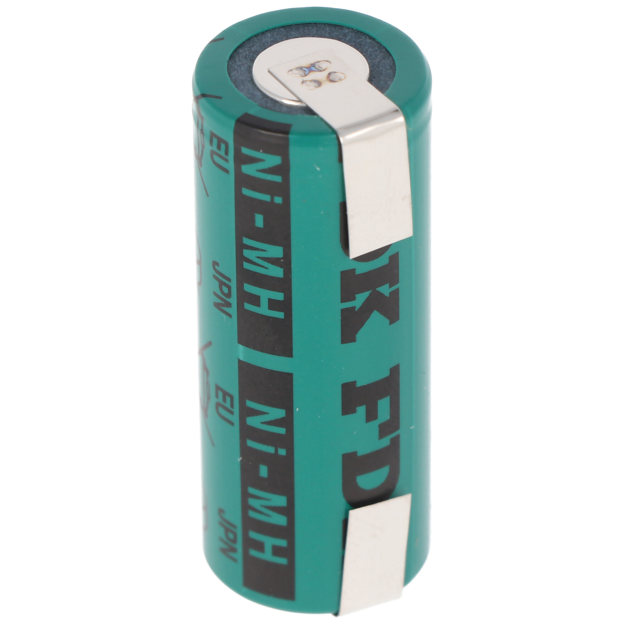 Grüne Ni-MH-Batterie mit Metalloberteil und dem Text 'Ni-MH' und 'KFD'.