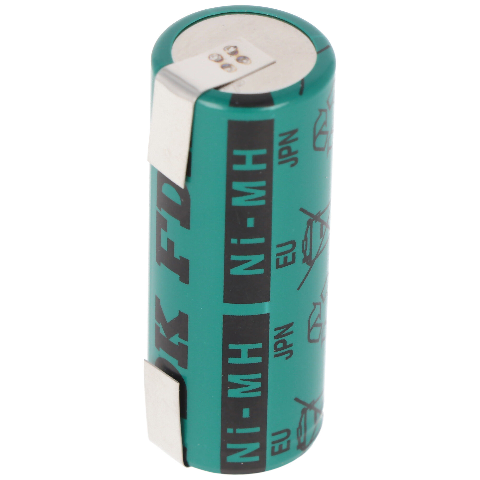 Grüne zylindrische Batterie. Text: Ni-MH, JPN, EU und ein Markenlogo.