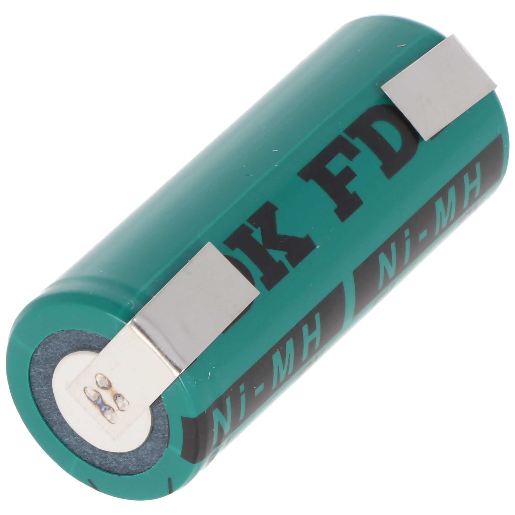 Eine grüne Batterie mit Metallklammern darauf.
