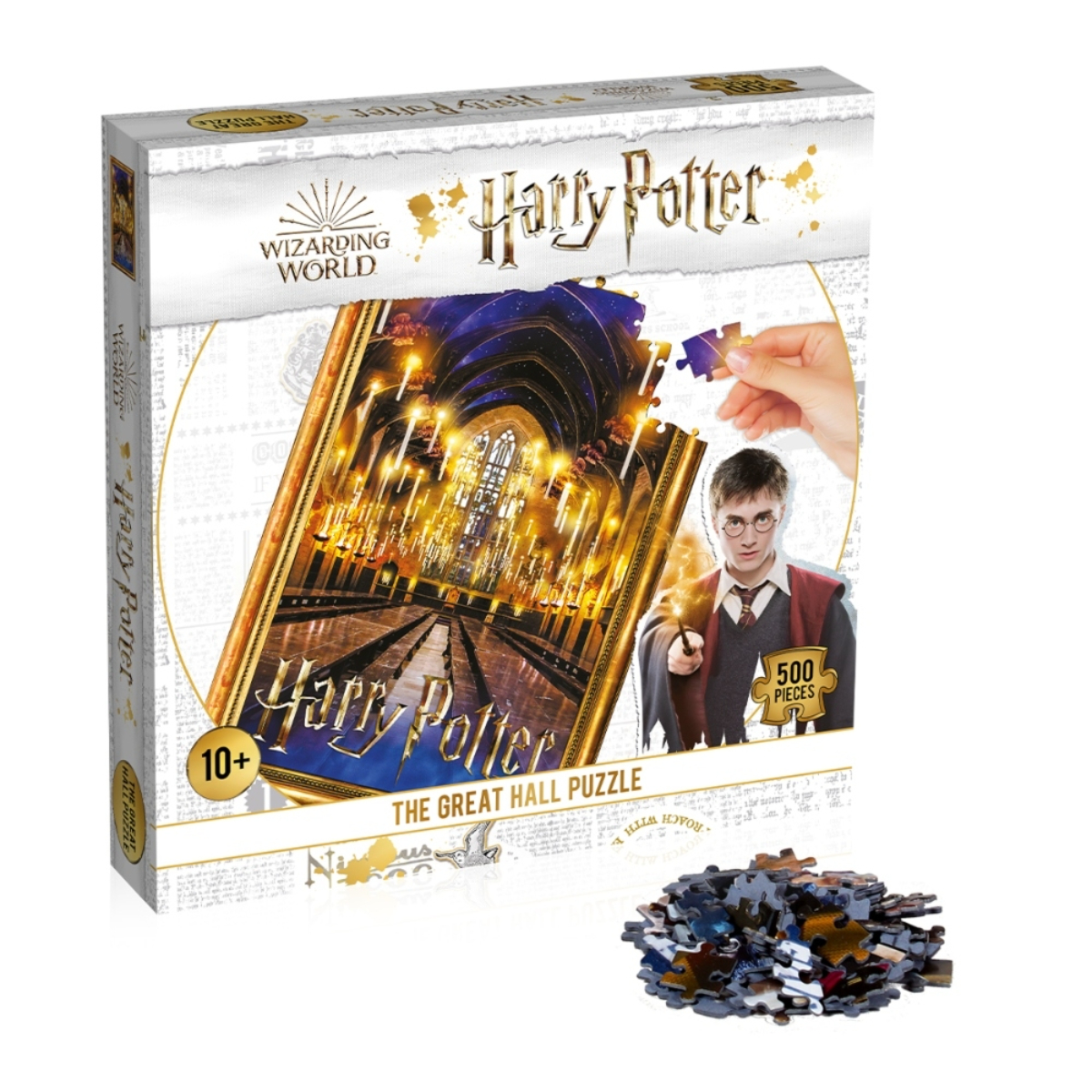 Harry Potter Puzzledose mit teilweise zusammengebautem Puzzle und Teilen.