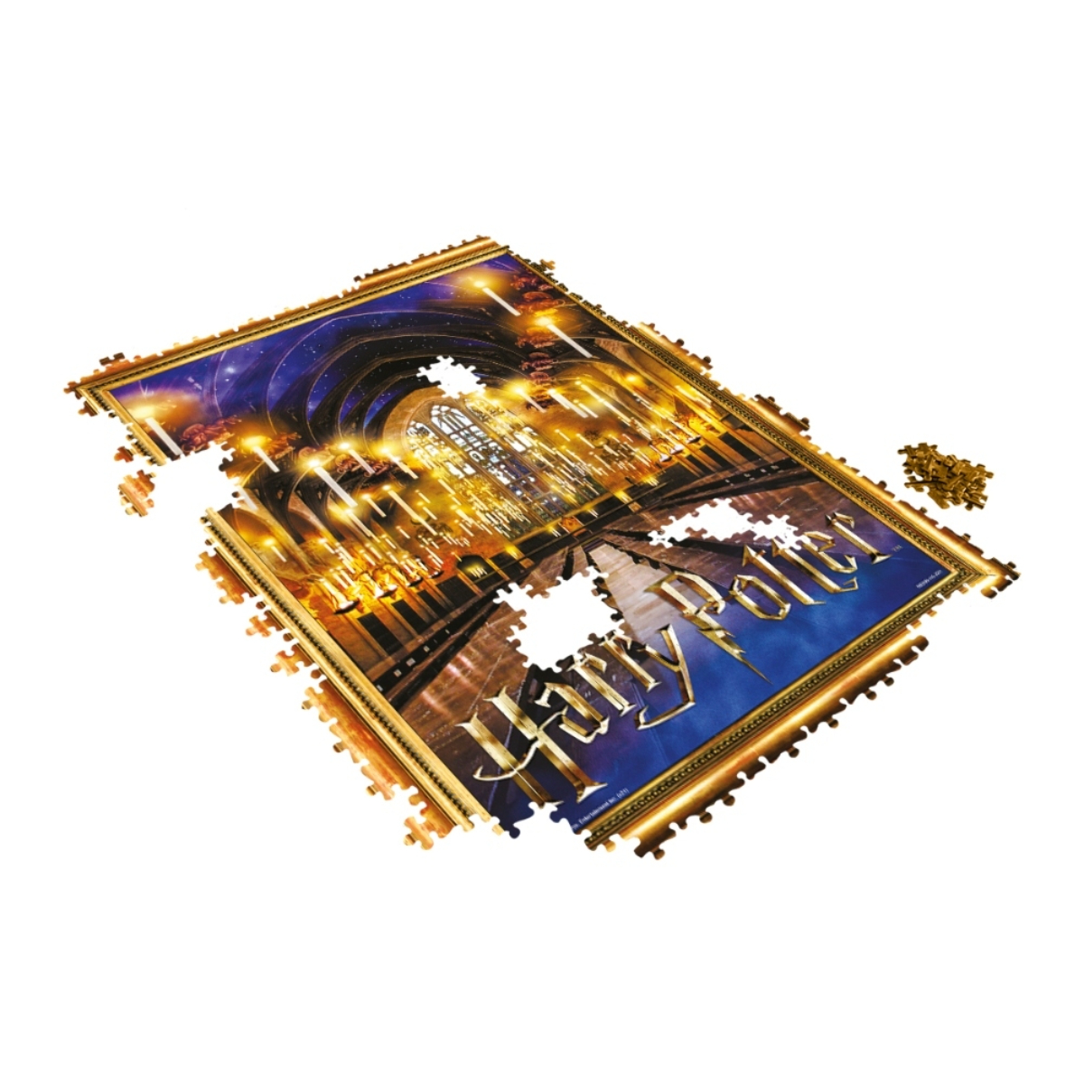 Harry-Potter-Puzzle, teilweise zusammengesetzt. Das Bild zeigt eine Harry-Potter-Szene in einem großen Saal mit Kerzen.