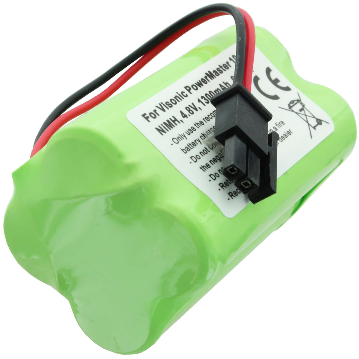 Grünes Batteriepack mit roten und schwarzen Drähten und einem schwarzen Stecker.