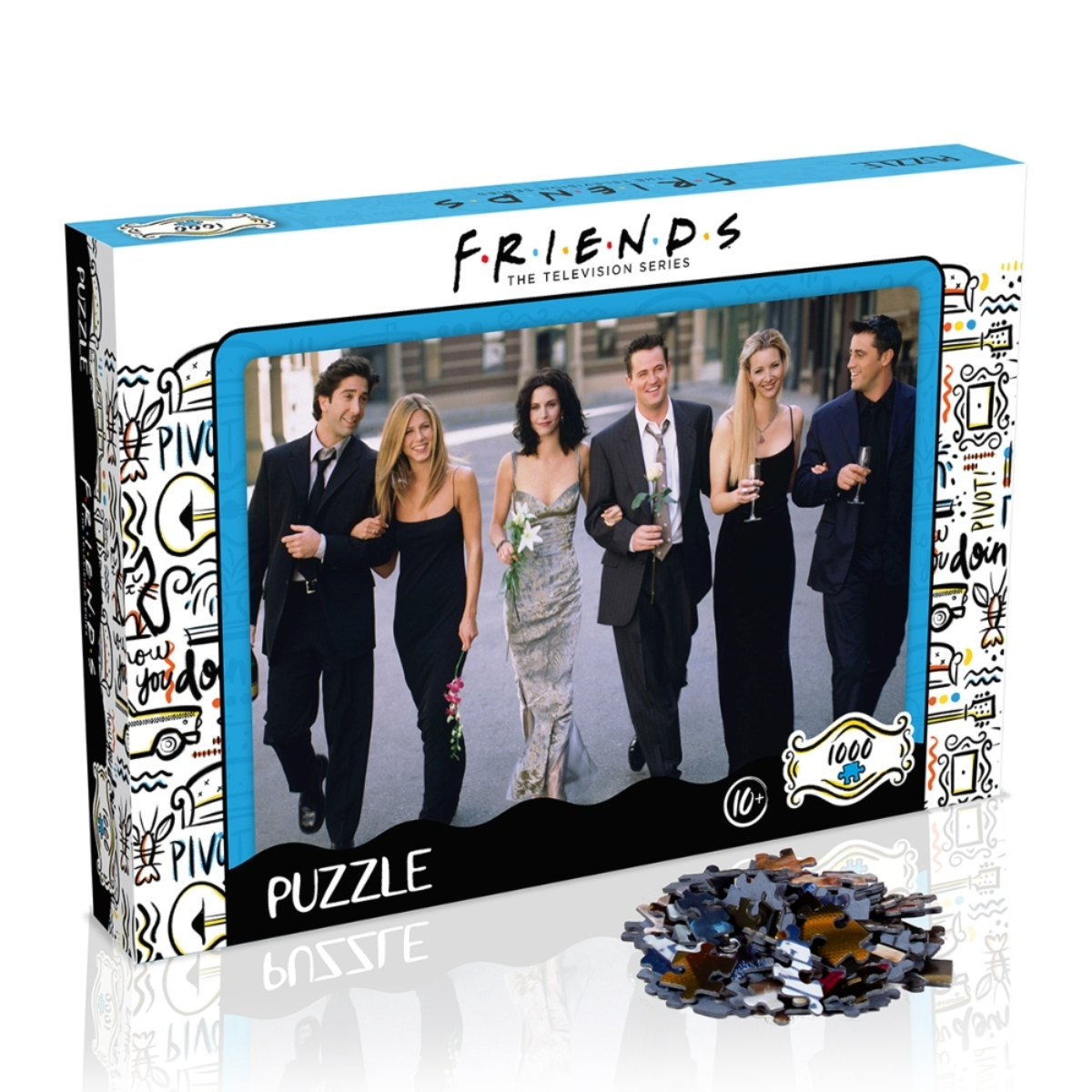 Friends Puzzlebox mit der laufenden Besetzung, Puzzle und Teile sind sichtbar.