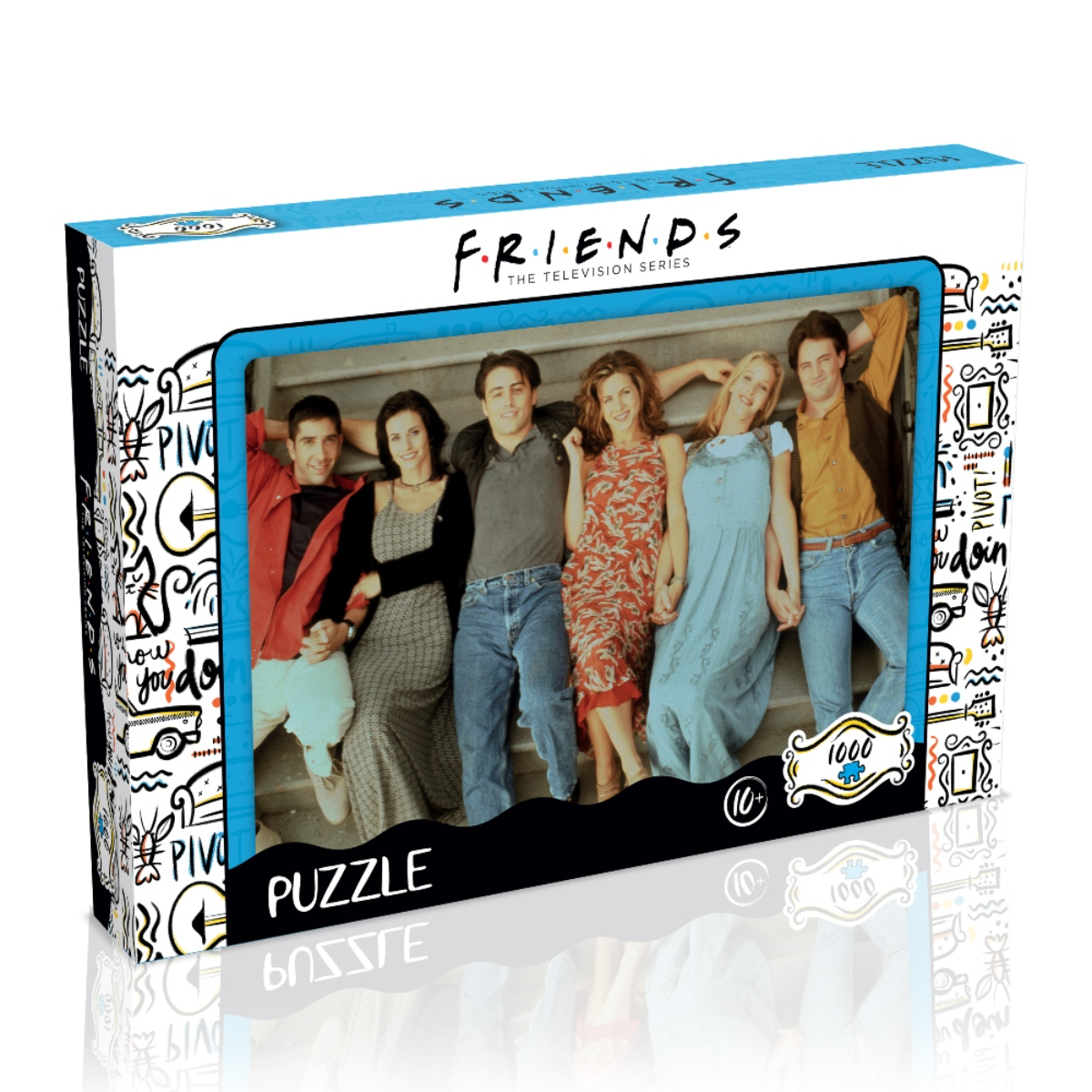 Una scatola di puzzle di Friends con il cast dello show sul davanti.