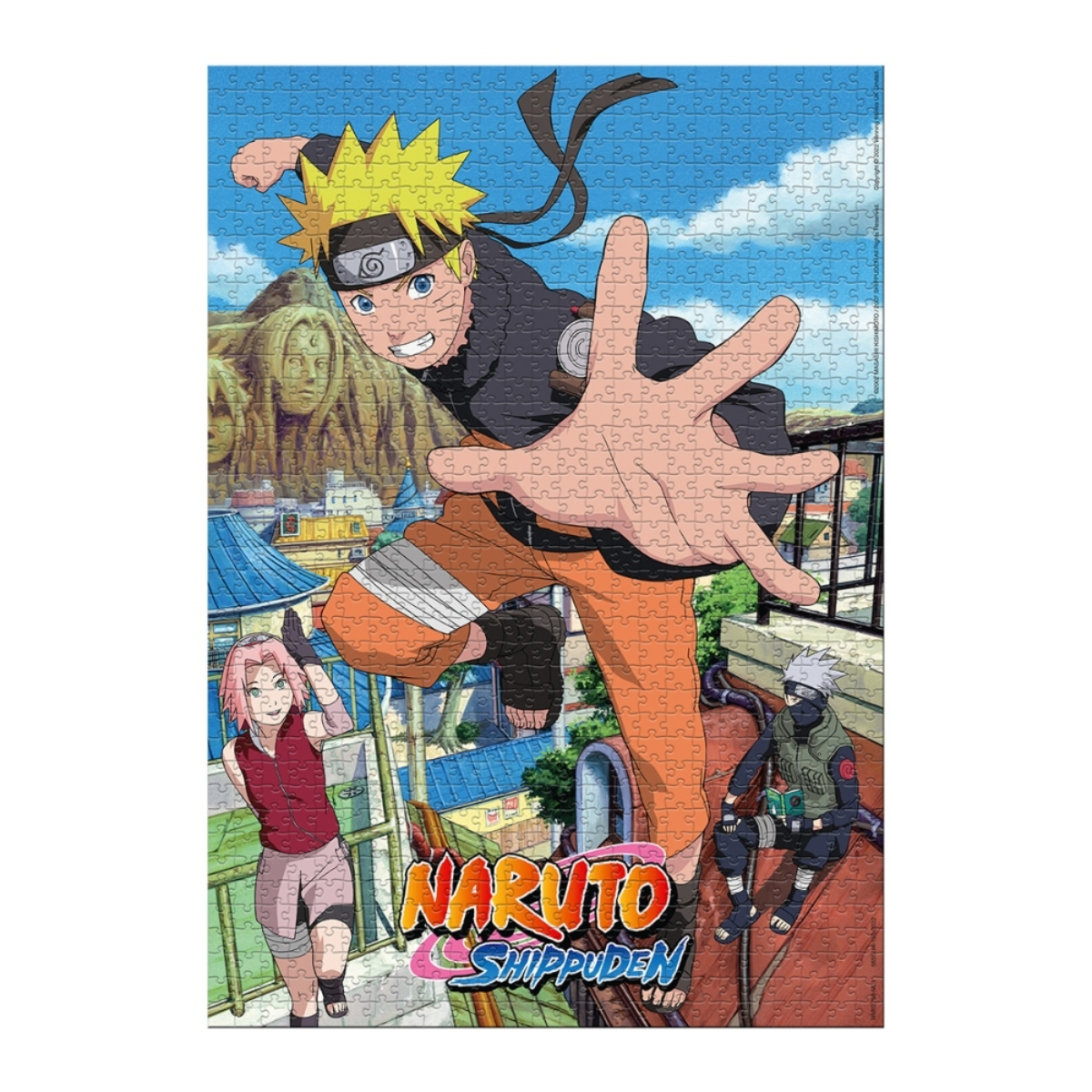 Puzzle Naruto Shippuden z postaciami w kolorowym miejskim otoczeniu.