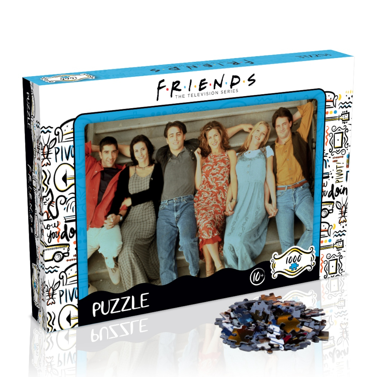 Una scatola di puzzle di Friends che mostra il cast, un puzzle è in basso.