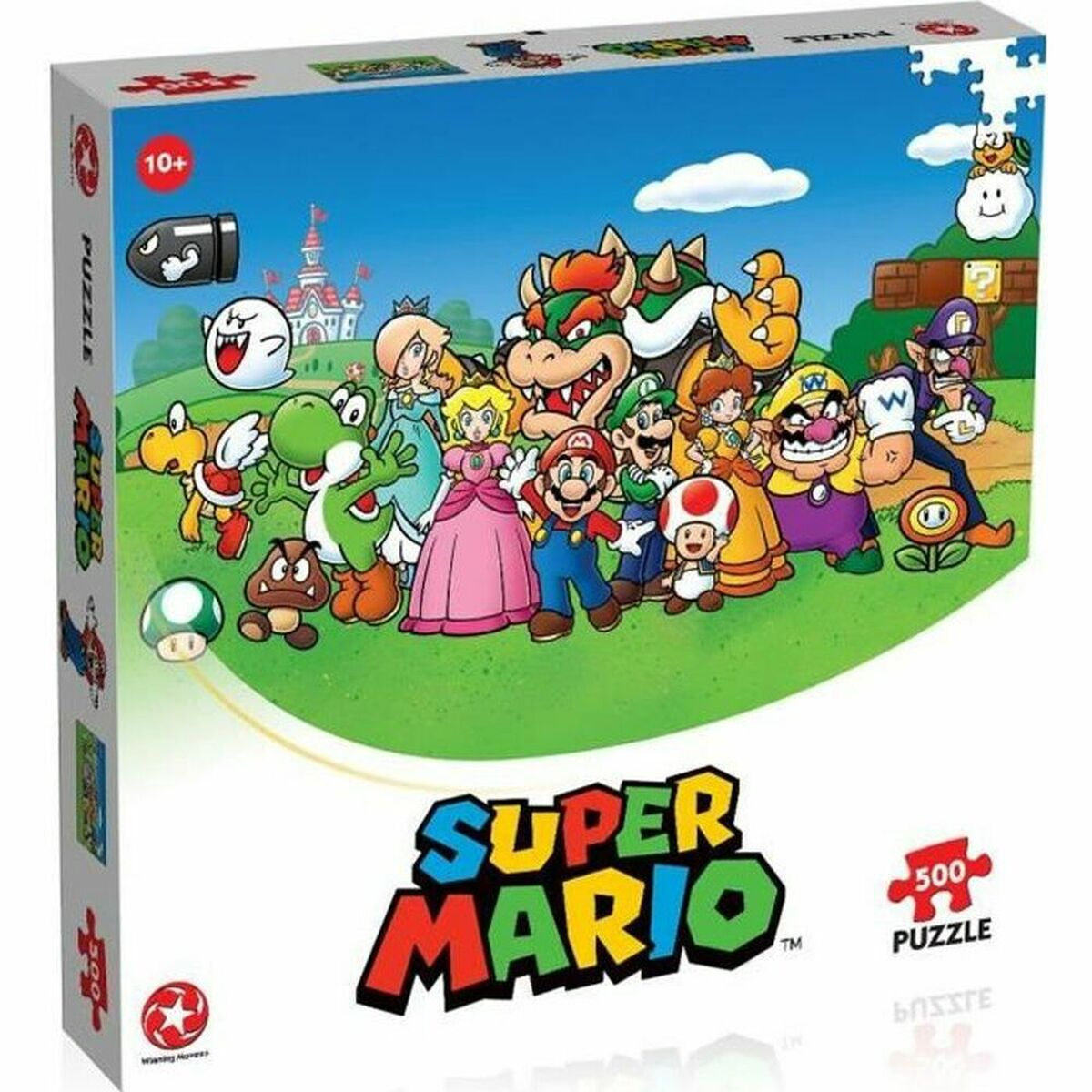 Super Mario Puzzlebox mit Mario und Freunden auf der Vorderseite, mit 500-Teile-Logo.