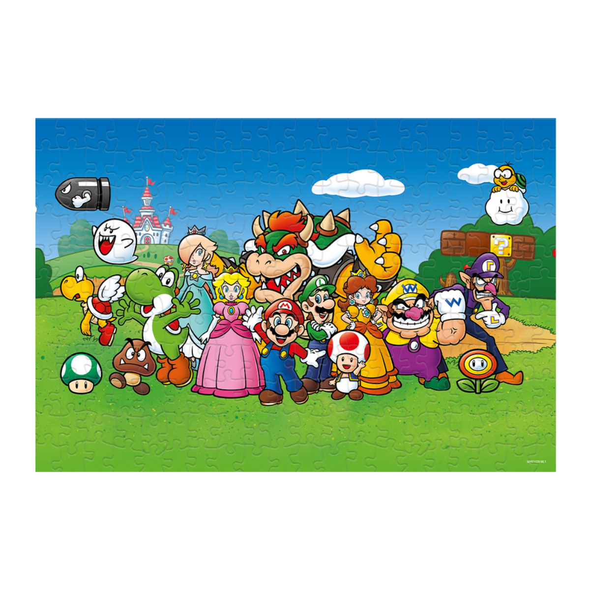 Ein farbenfrohes Puzzlespiel mit Mario und anderen Nintendo-Charakteren auf einem grünen Feld.