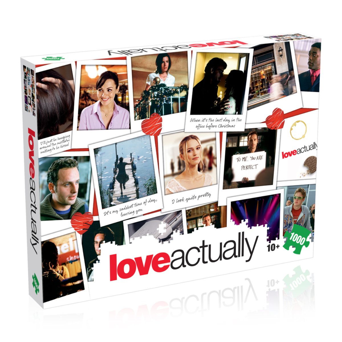 Eine Puzzledose des Films Tatsächlich… Liebe auf weißem Hintergrund.