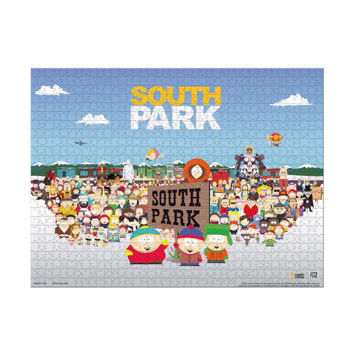 Puzzle South Park z postaciami i tytułem na tle błękitnego nieba.