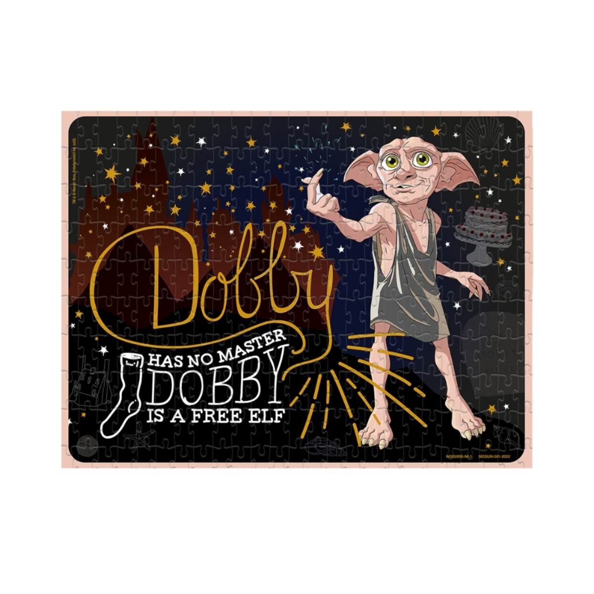 Dobby-Puzzle mit Text und Bild. Weißer Hintergrund.
