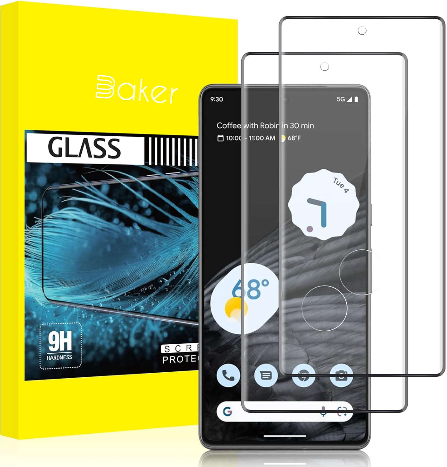 Ein Telefon mit Displayschutzfolie, eine gelbe Box und eine weitere Schutzfolie. Das Telefon zeigt die Uhrzeit an.