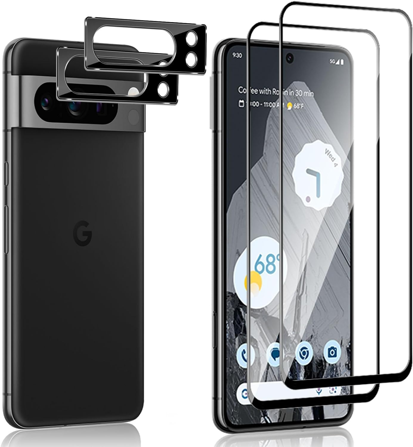 Ein schwarzes Telefon mit Displayschutzfolien und eine Box auf weißem Untergrund.