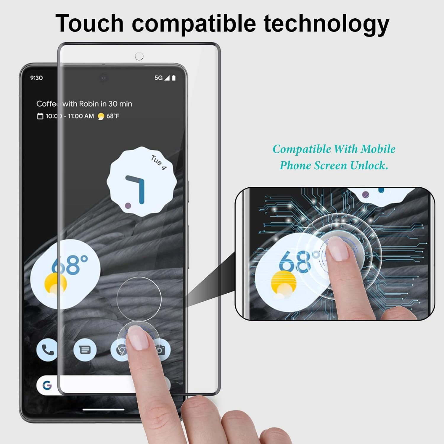 Telefon mit Displayschutz, Finger berührt den Bildschirm. Touch-kompatible Technologie.