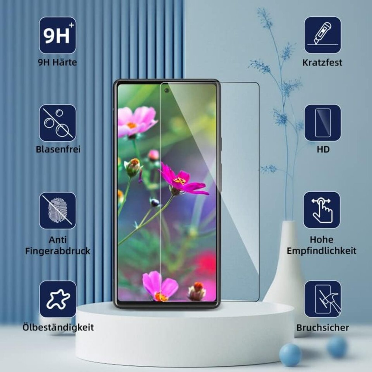 Ein Smartphone-Displayschutz mit Symbolen, ein Smartphone und Blumen.
