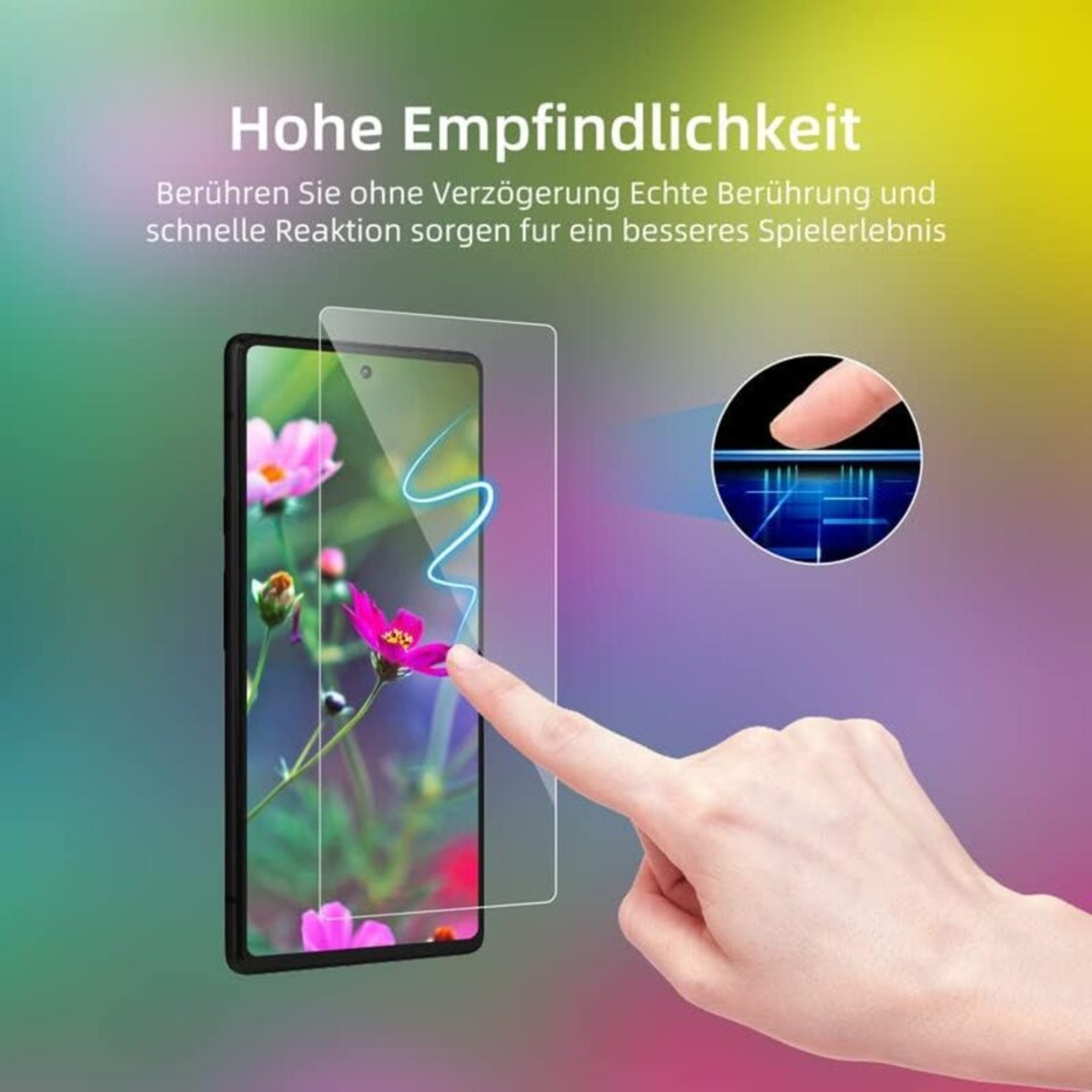 Ein Telefon und Displayschutz mit einem Finger, der ihn berührt. Heller Hintergrund.