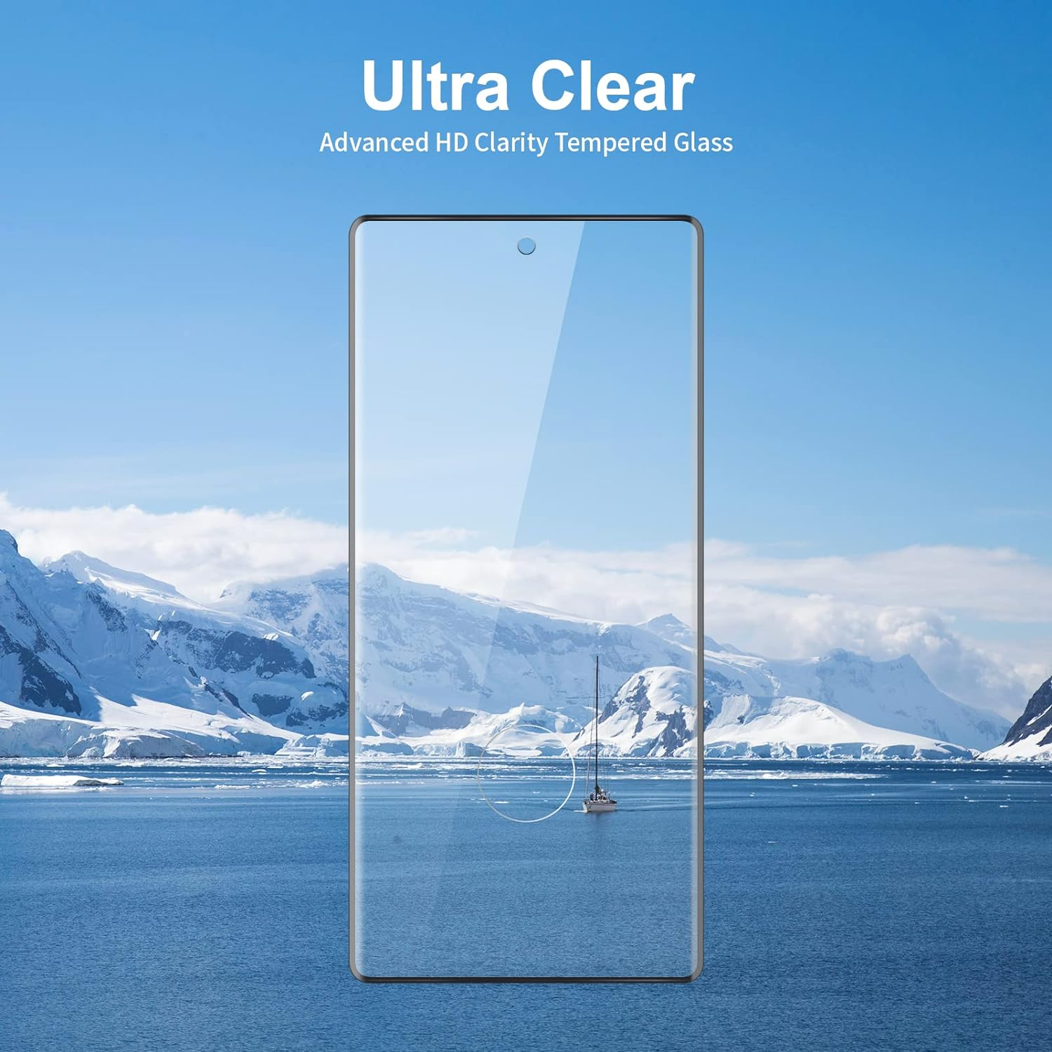 Ein Displayschutz für das Telefon. Der Hintergrund ist ein blauer Himmel und Wasser mit einem Boot.