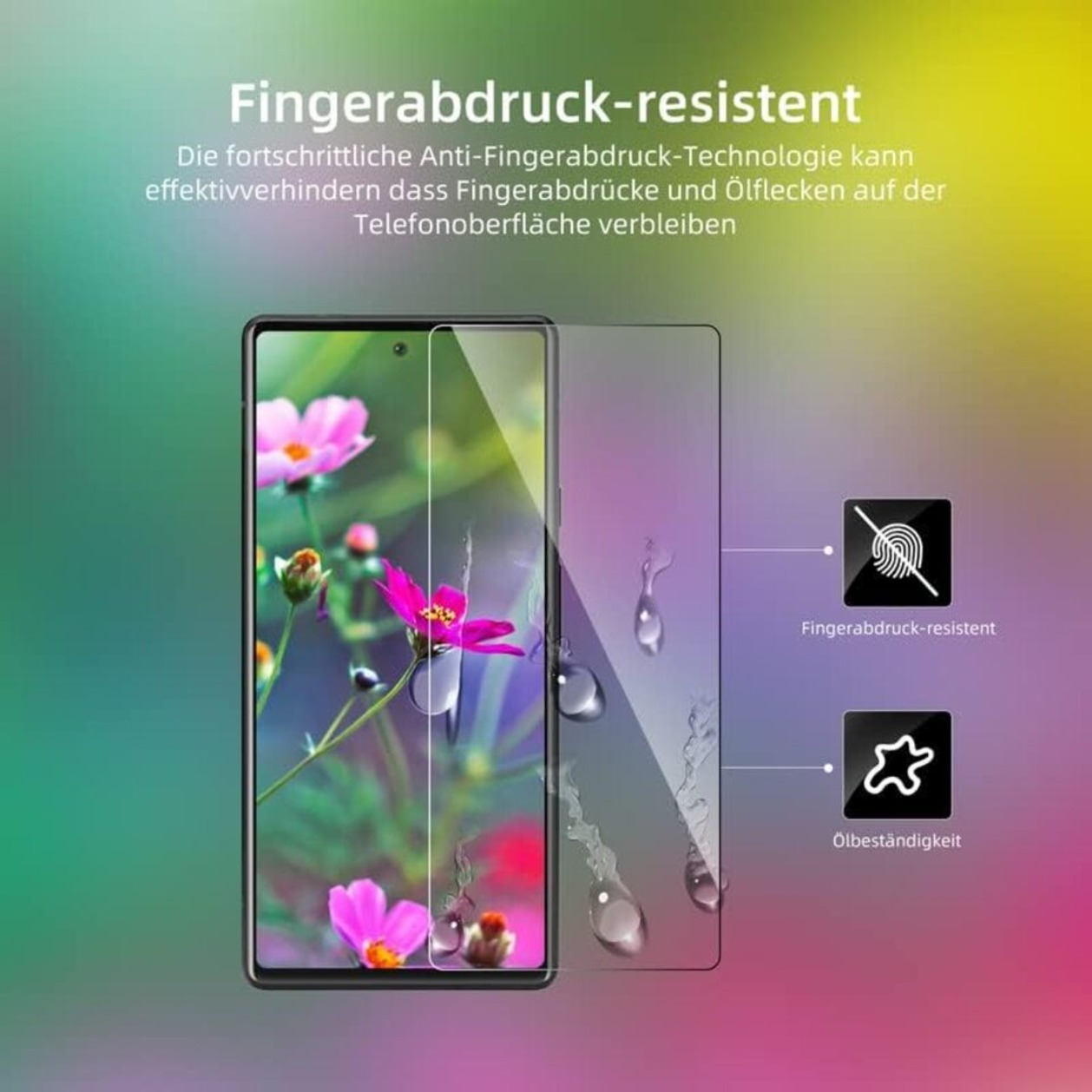 Ein Smartphone mit Displayschutzfolie. Der Schutz ist entfernt und zeigt ein Telefon mit rosa Blumen.