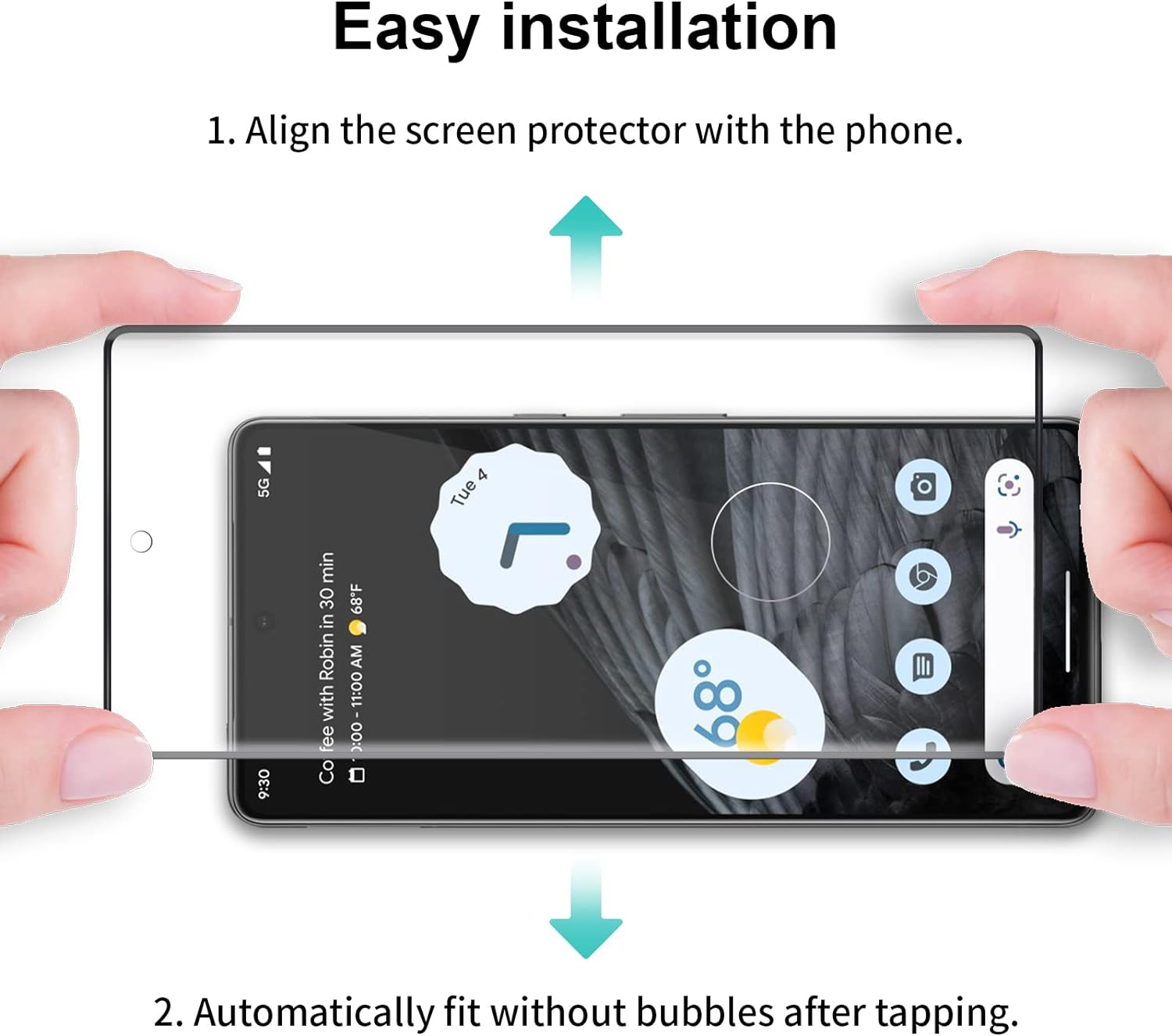 Hände richten eine Displayschutzfolie auf einem Telefon aus, mit Pfeilen und Anweisungen.