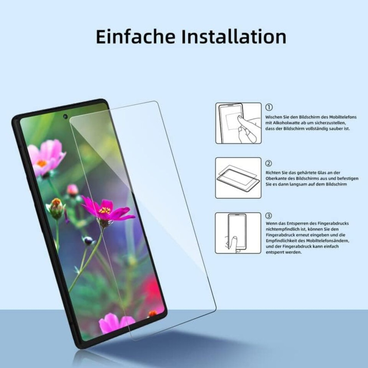 Diagramm zur Installation einer Displayschutzfolie. Reinigen, Ausrichten und Auftragen.