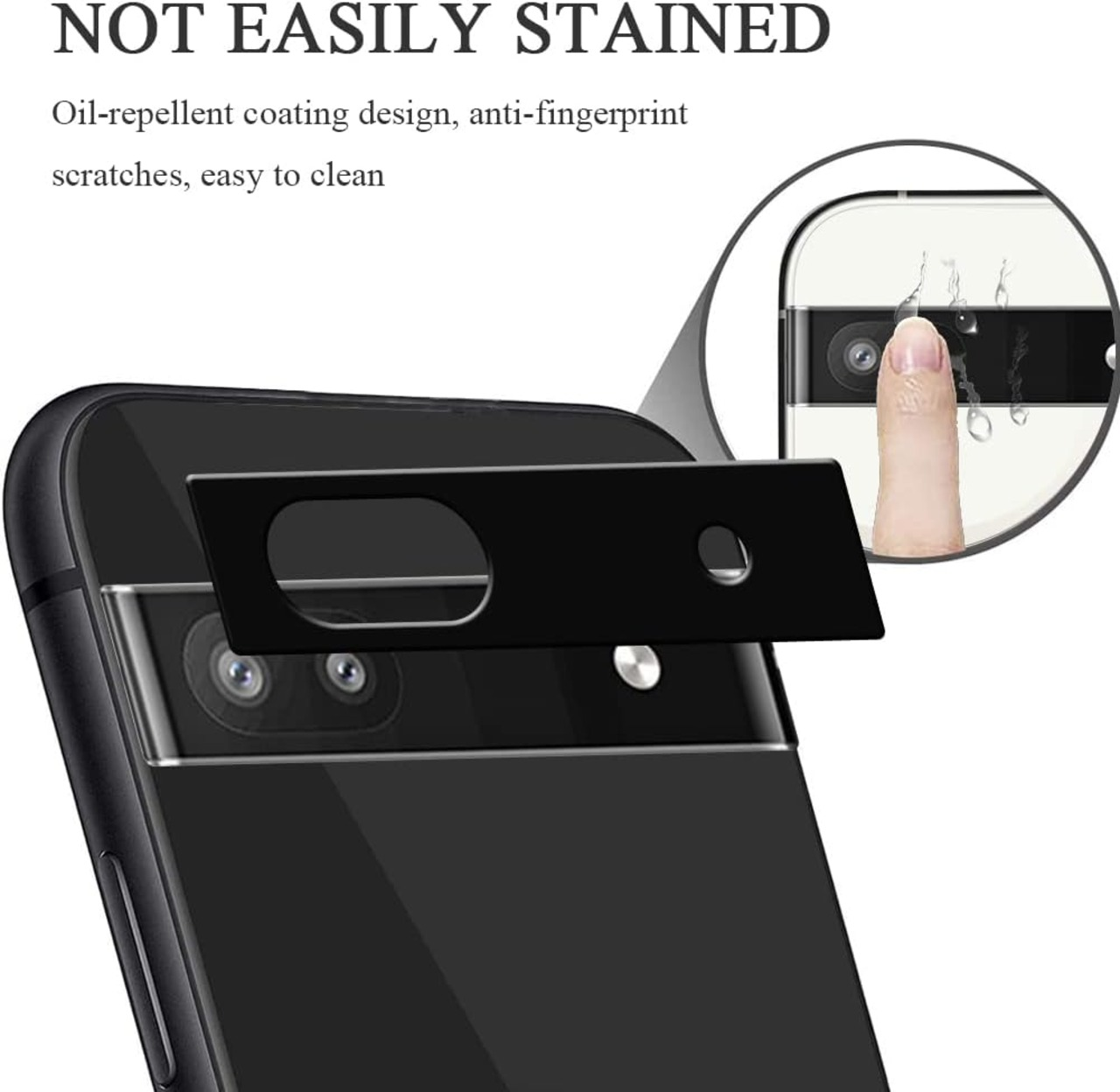 Ein schwarzes Telefon mit schwarzer Kameralinsenabdeckung, das Wassertropfen zeigt.