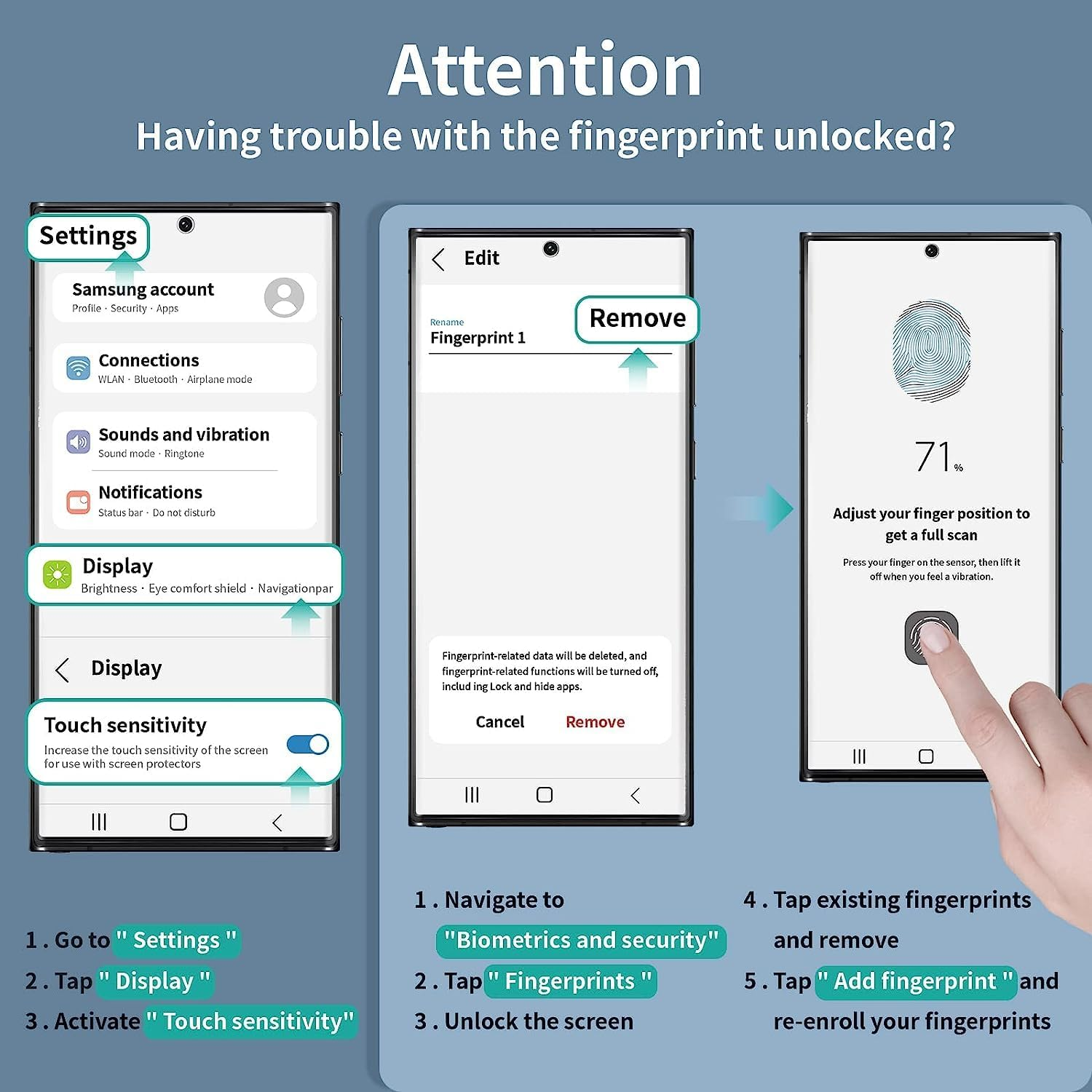 Telefon mit Einstellungen und Fingerabdruckanweisungen. Weißer Hintergrund.